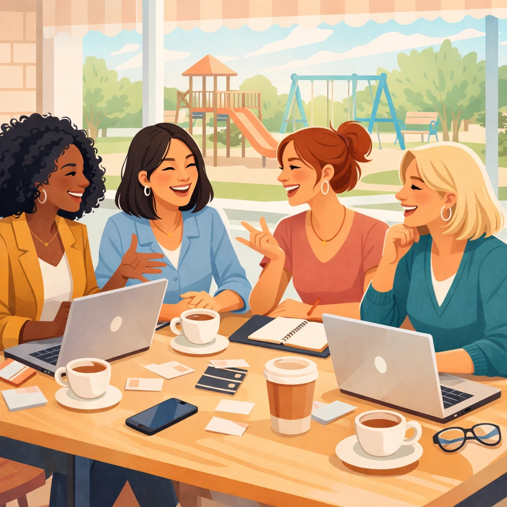 Mums in business networking at café with laptops and coffee