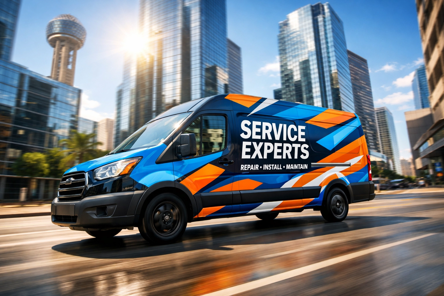 Custom vehicle wrap on a service van driving through a busy Dallas commercial district.