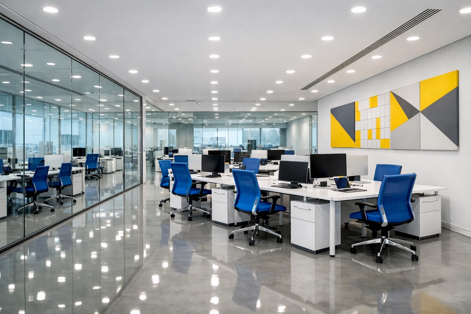Modern Kendall Square tech workspace featuring spotless glass walls and floors from office cleaning Cambridge.