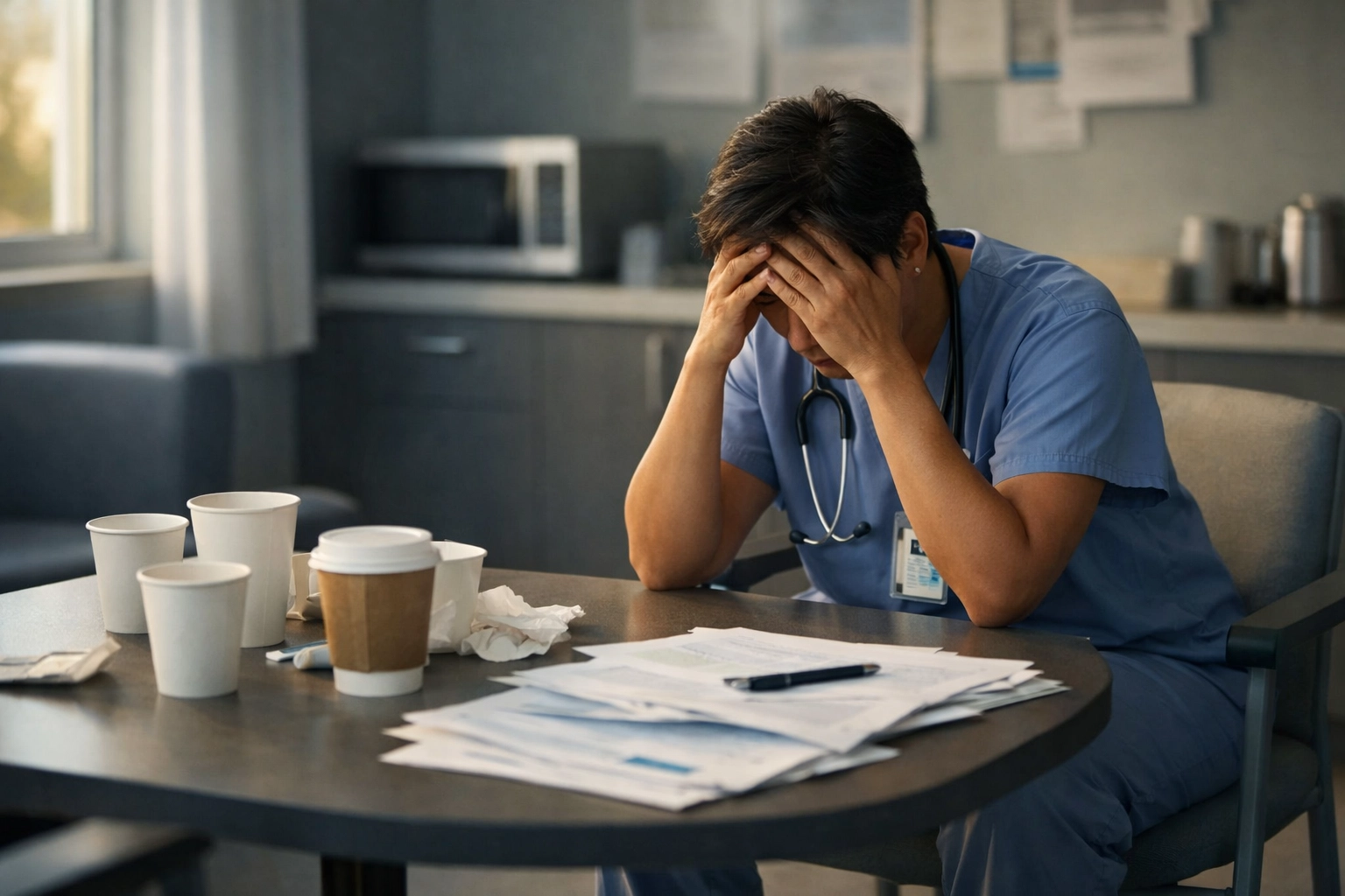 Exhausted healthcare leader experiencing burnout in hospital break room with paperwork