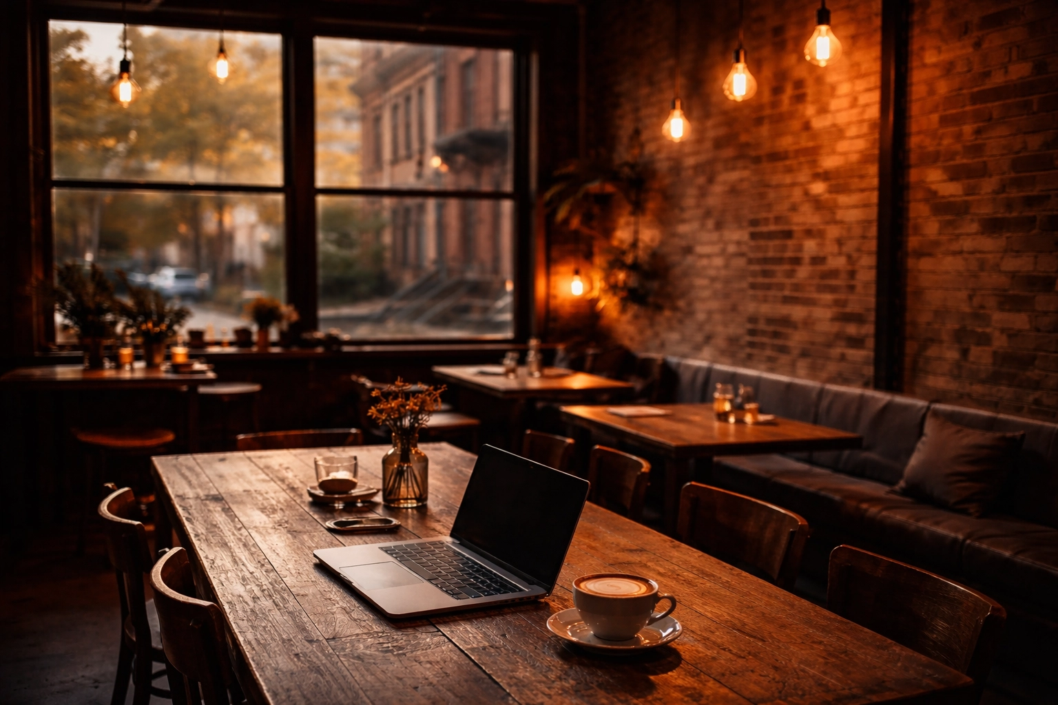 Cozy Brooklyn coffee shop interior with laptop and latte, perfect for Bed-Stuy remote work atmosphere
