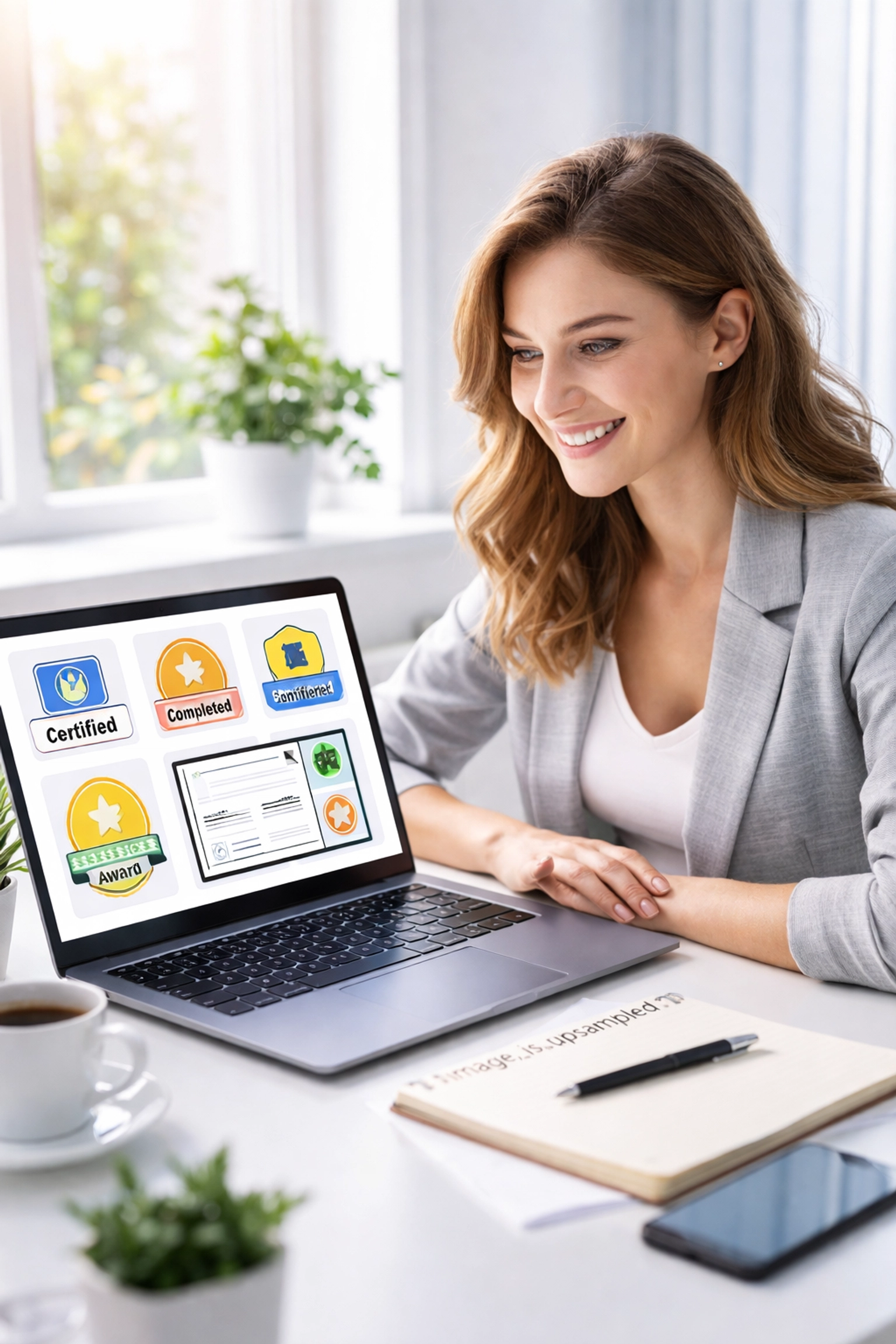 Young professional woman earning microcredentials, viewing digital badges and certificates on her laptop