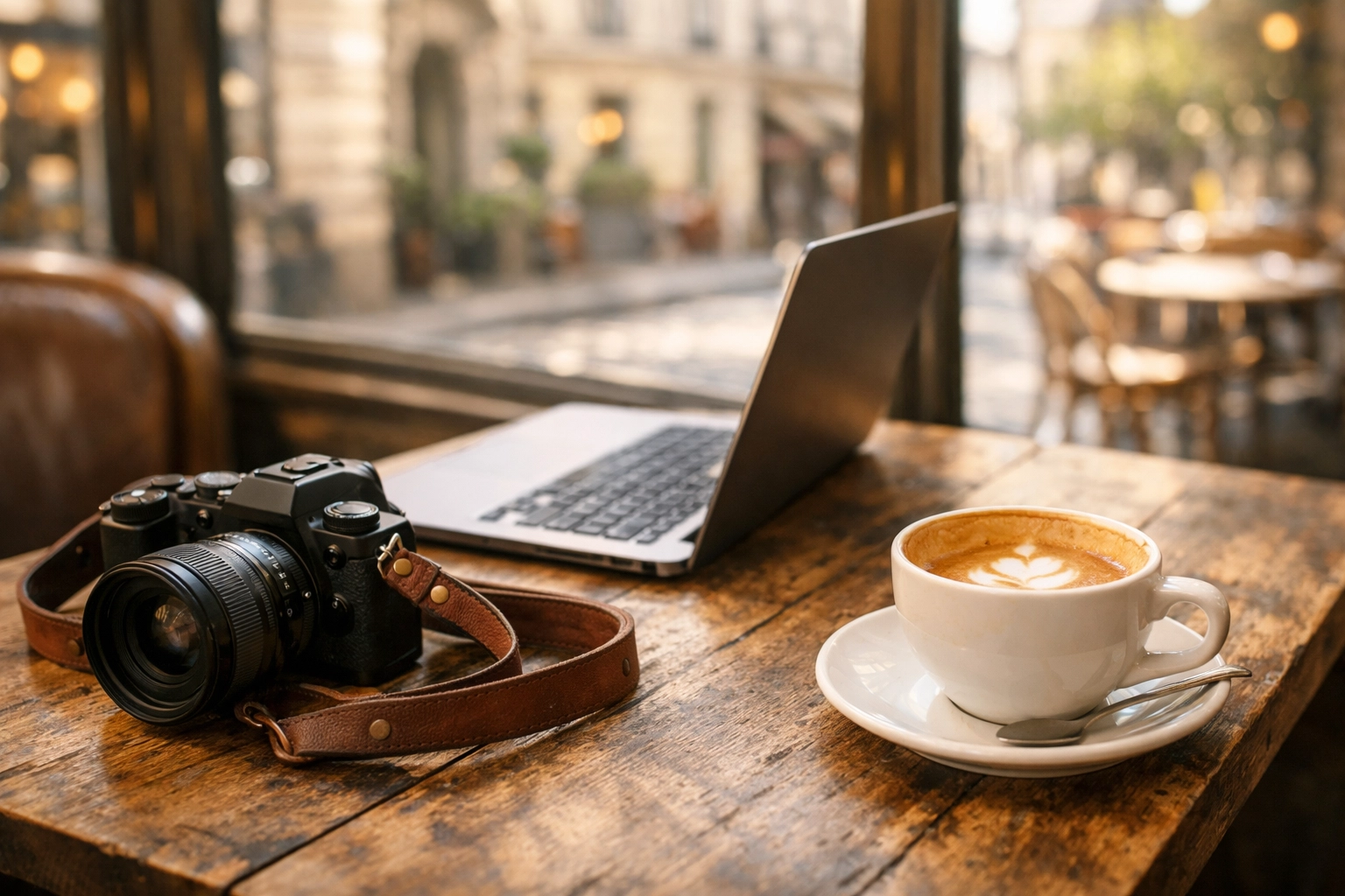 The Ultimate Guide to ProShoot.io: Everything You Need to Succeed as a Travel Photographer 2 Freelance photographer managing their photography booking experience at a cafe in Paris.