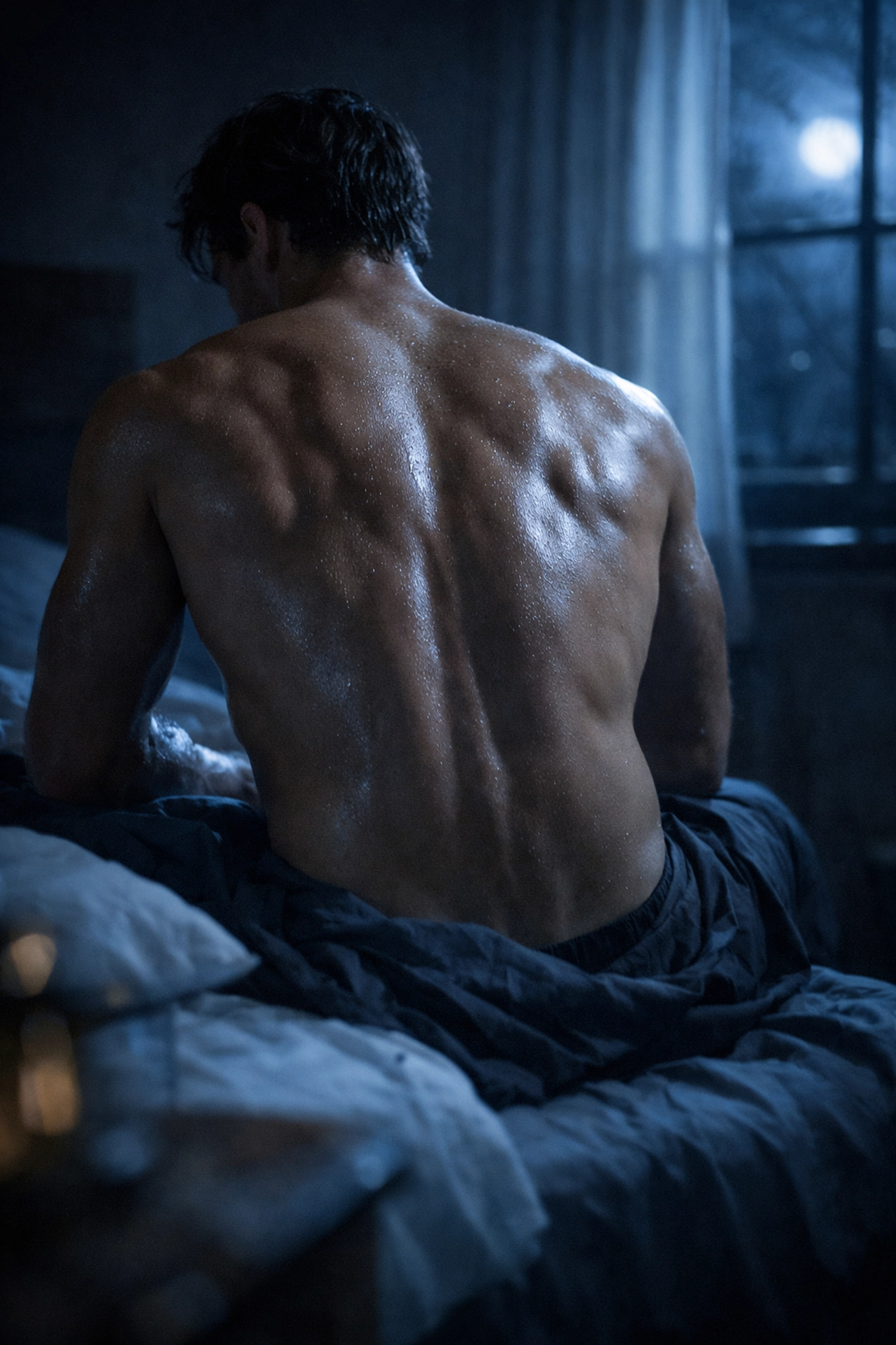 Sensual moonlit portrait of a man’s muscular back and shoulder blades, evocative of an intimate MM romance novel scene.