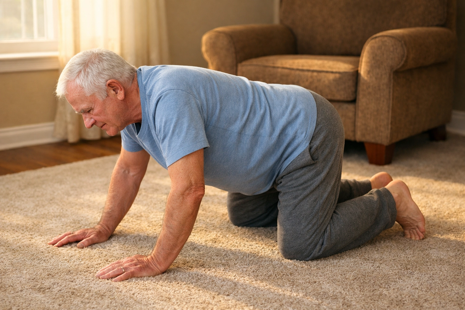 Senior man transitioning to hands and knees crawling position after fall on floor