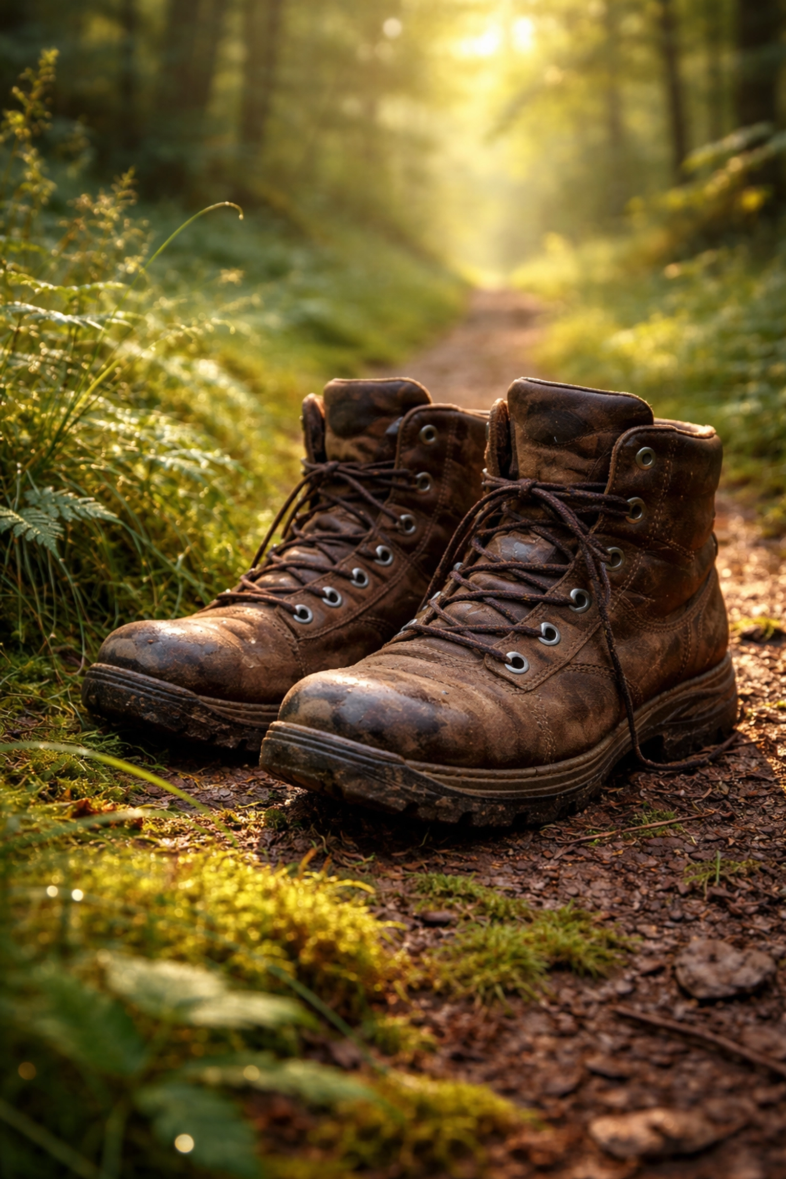 Well-worn hiking boots on a mossy UK forest trail, ideal gear for Lake District and UK hiking adventures