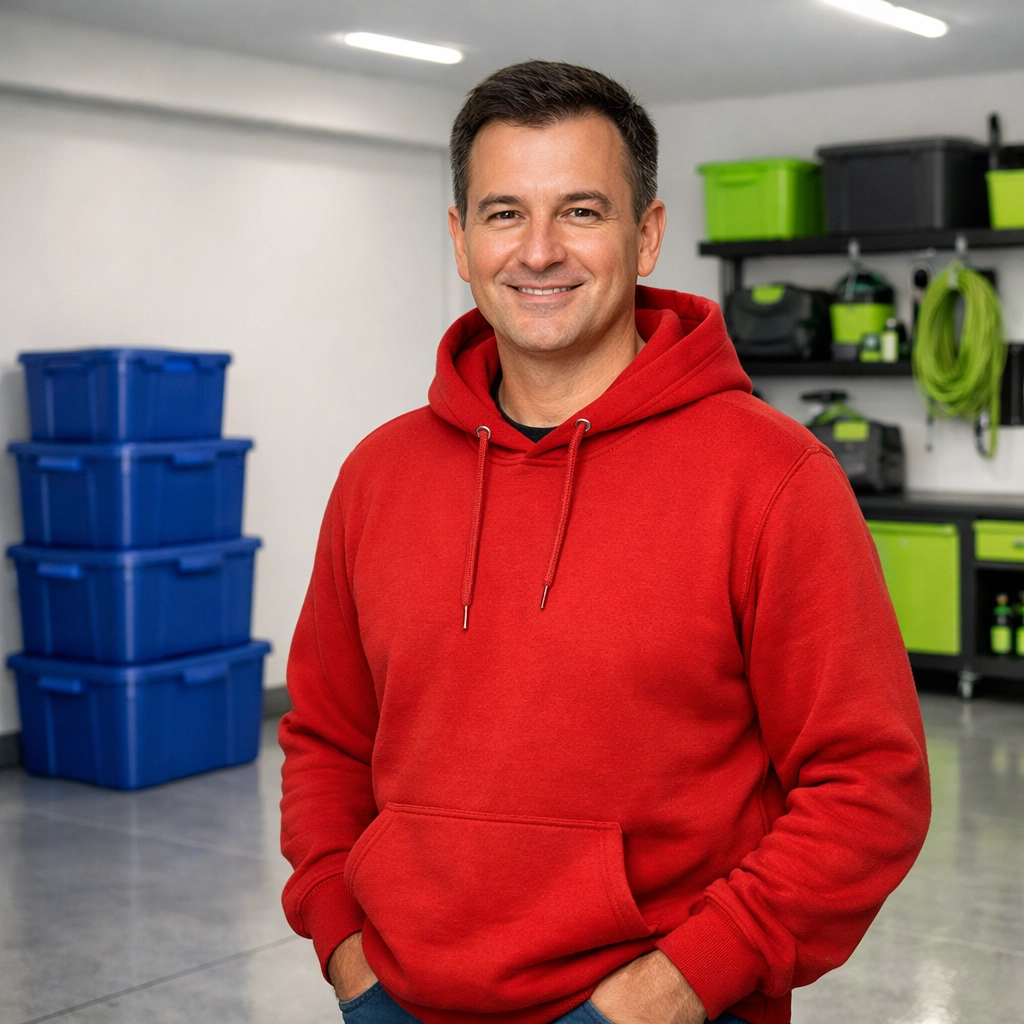 Roman from Junk GTA standing in an organized garage after a residential junk removal job in Newmarket.