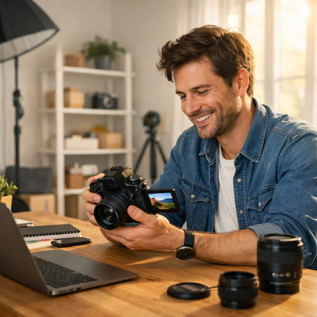 Professional photographer in a studio reviewing shots on essential photography gear.