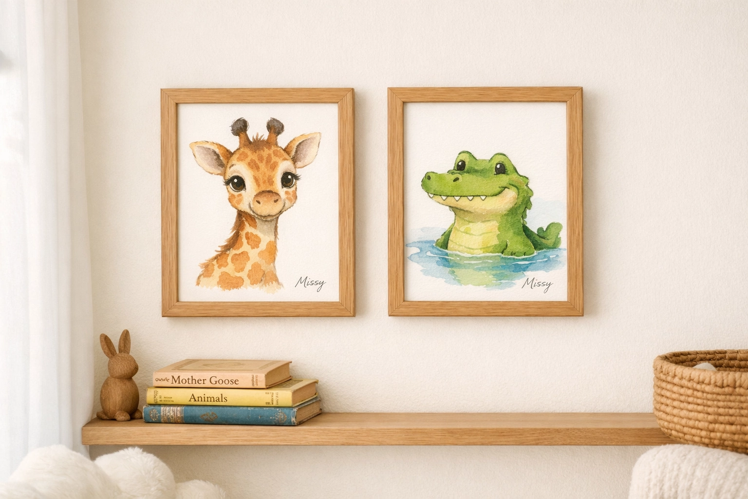 Framed Jeffery the Giraffe and Gatorade the Alligator watercolor prints by Missy in a bright nursery setting.