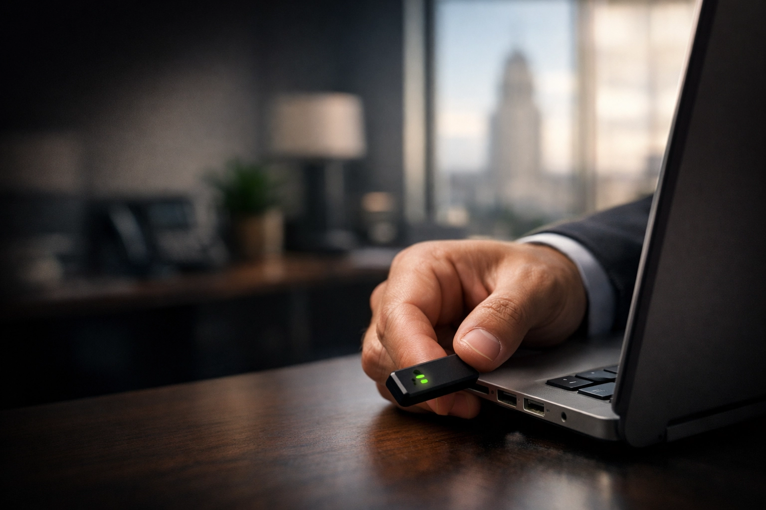 A professional using a FIDO2 hardware security key for cybersecurity in a Lincoln, Nebraska office.