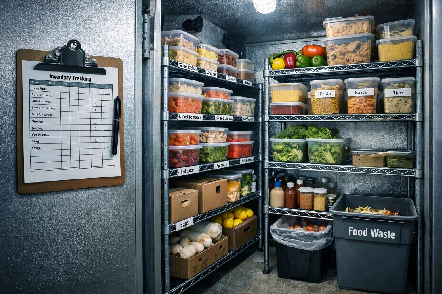 Organized restaurant walk-in cooler with labeled prep containers and inventory tracking system