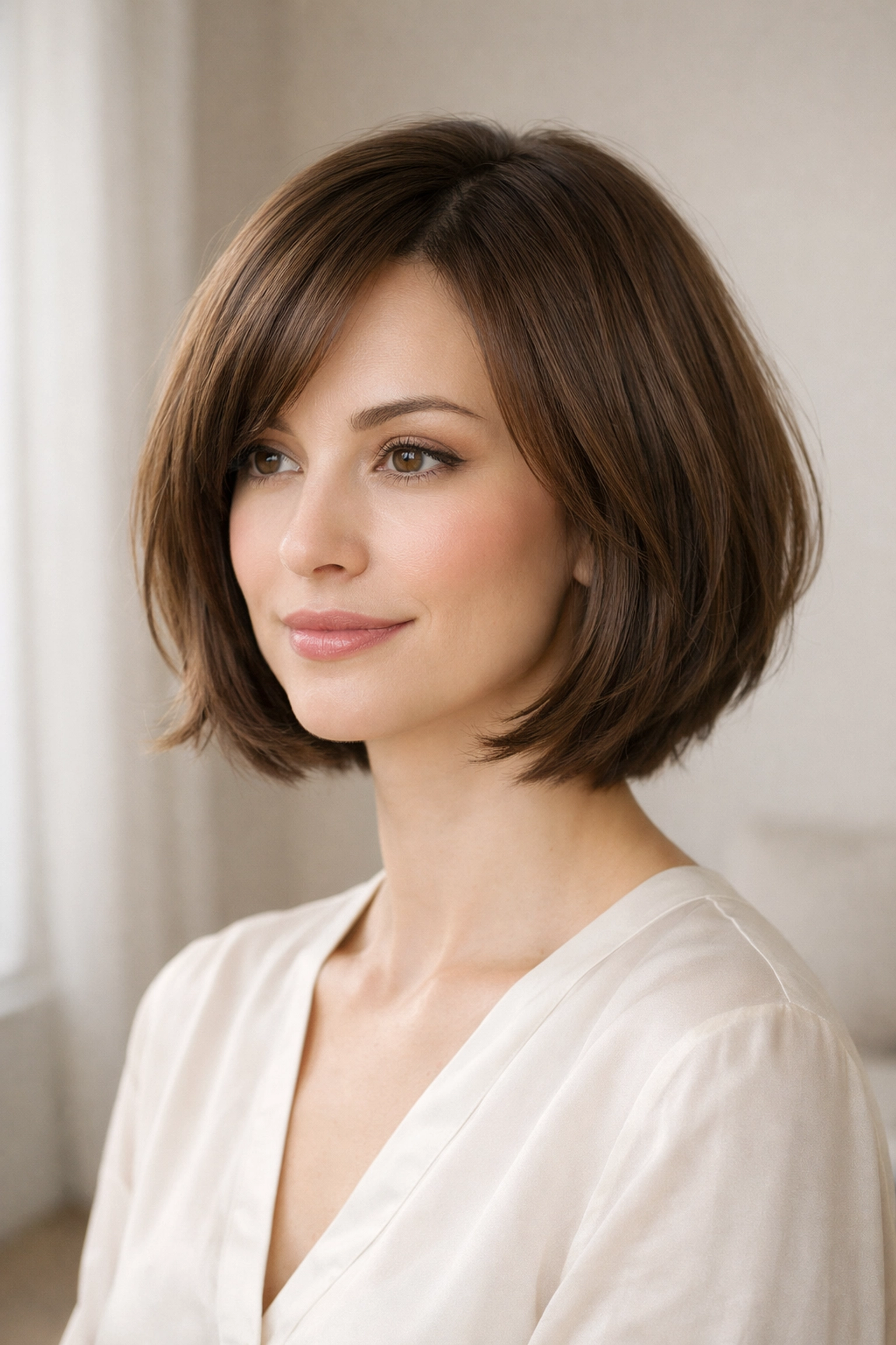 Elegant soft bob haircut with internal layers at our hair salon in Concord NH.