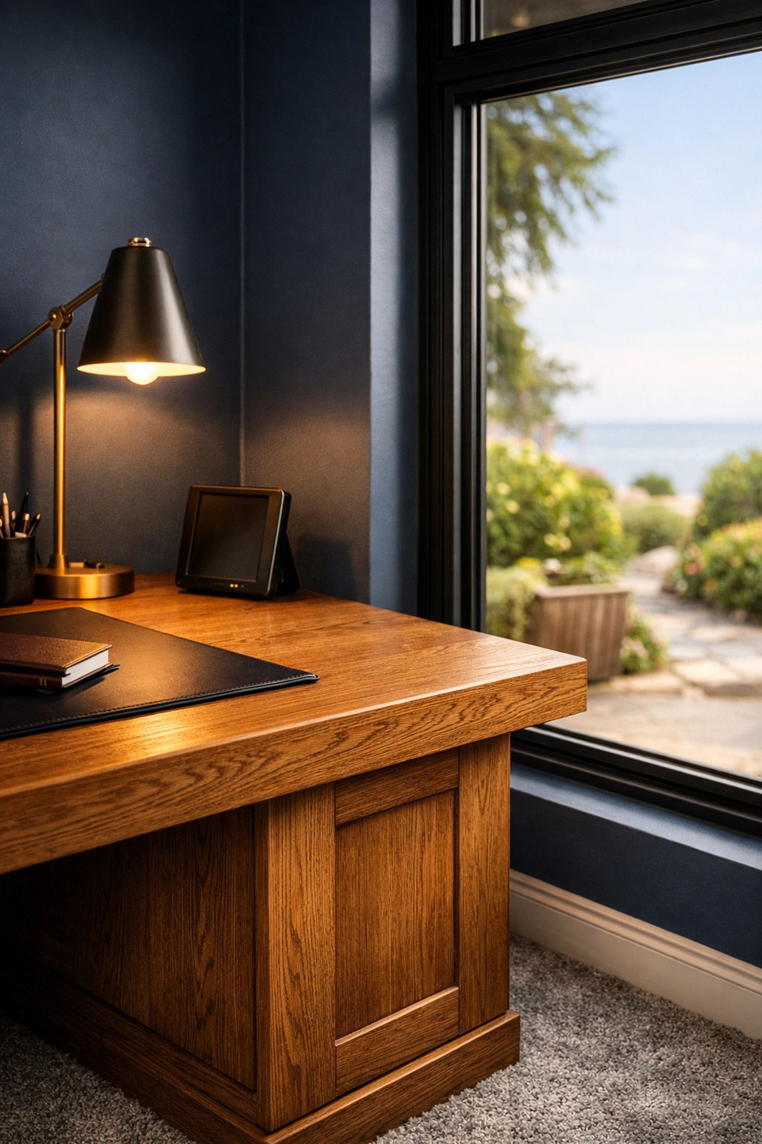 High-end home office garage conversion in Bournemouth featuring a bespoke oak desk and navy blue walls.