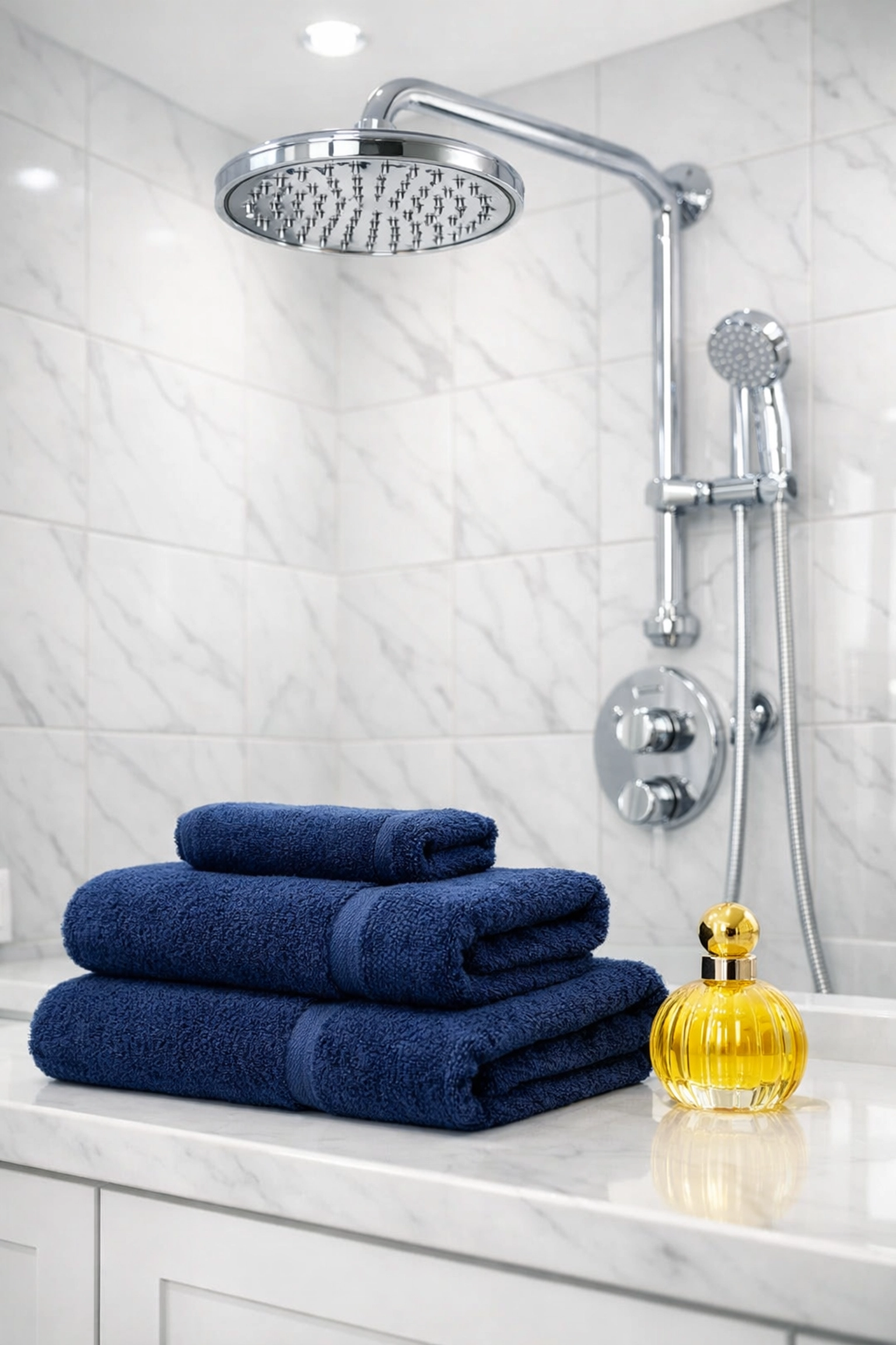 Spotless bathroom with deep cleaned marble tile and grout, reflecting professional move-in cleaning standards.