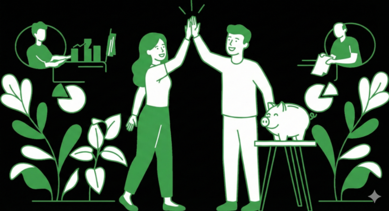 Two people celebrate a successful savings outcome, high-fiving near a piggy bank, while background figures analyze and track data. Pie charts and growing plants emphasize financial growth and automatic fare monitoring, representing Refare's hands-off, AI-driven approach to securing airfare refunds.