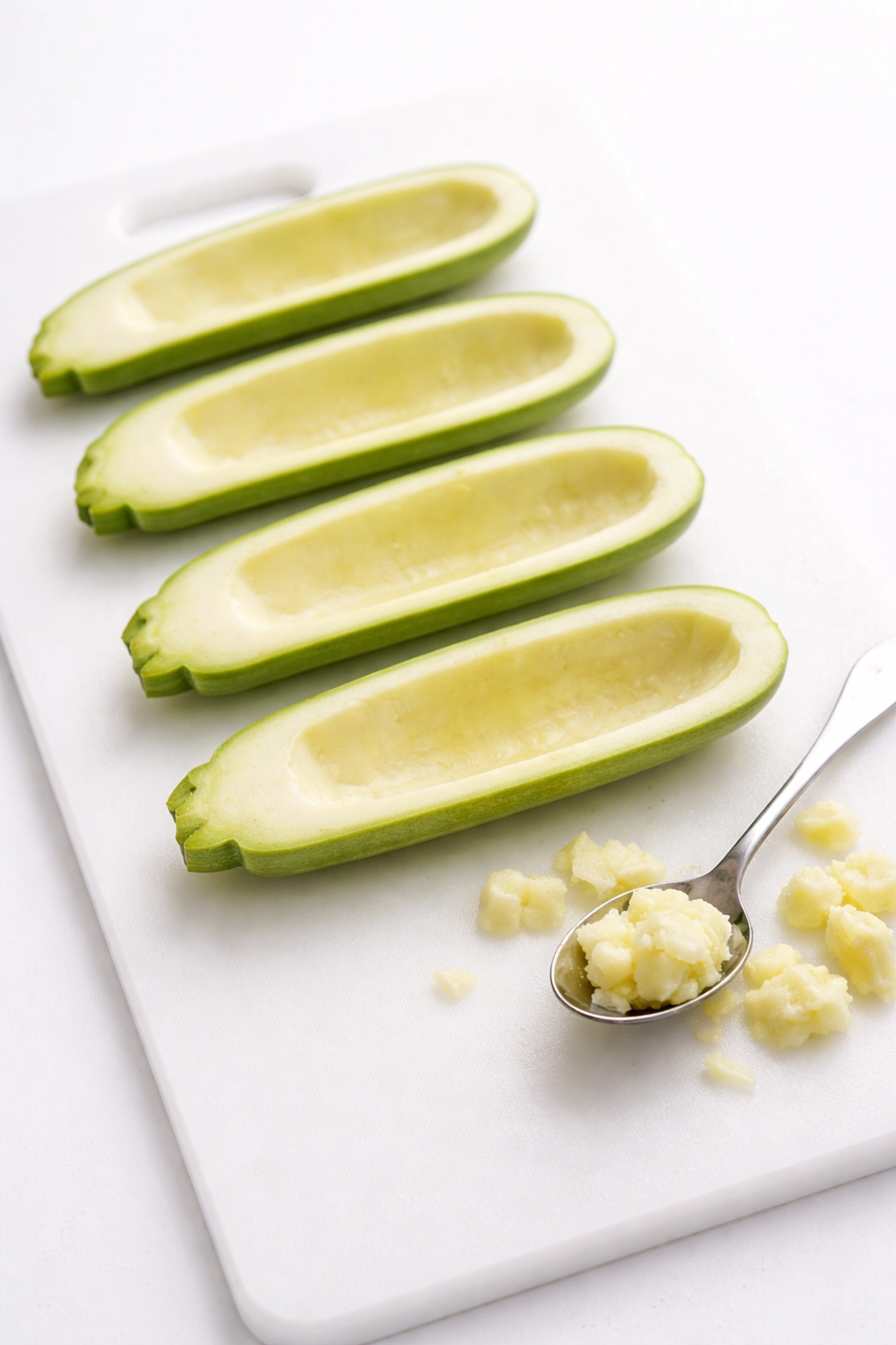 Hollowed zucchini halves on a white cutting board with spoon, ready for filling in bacon cheese keto boats