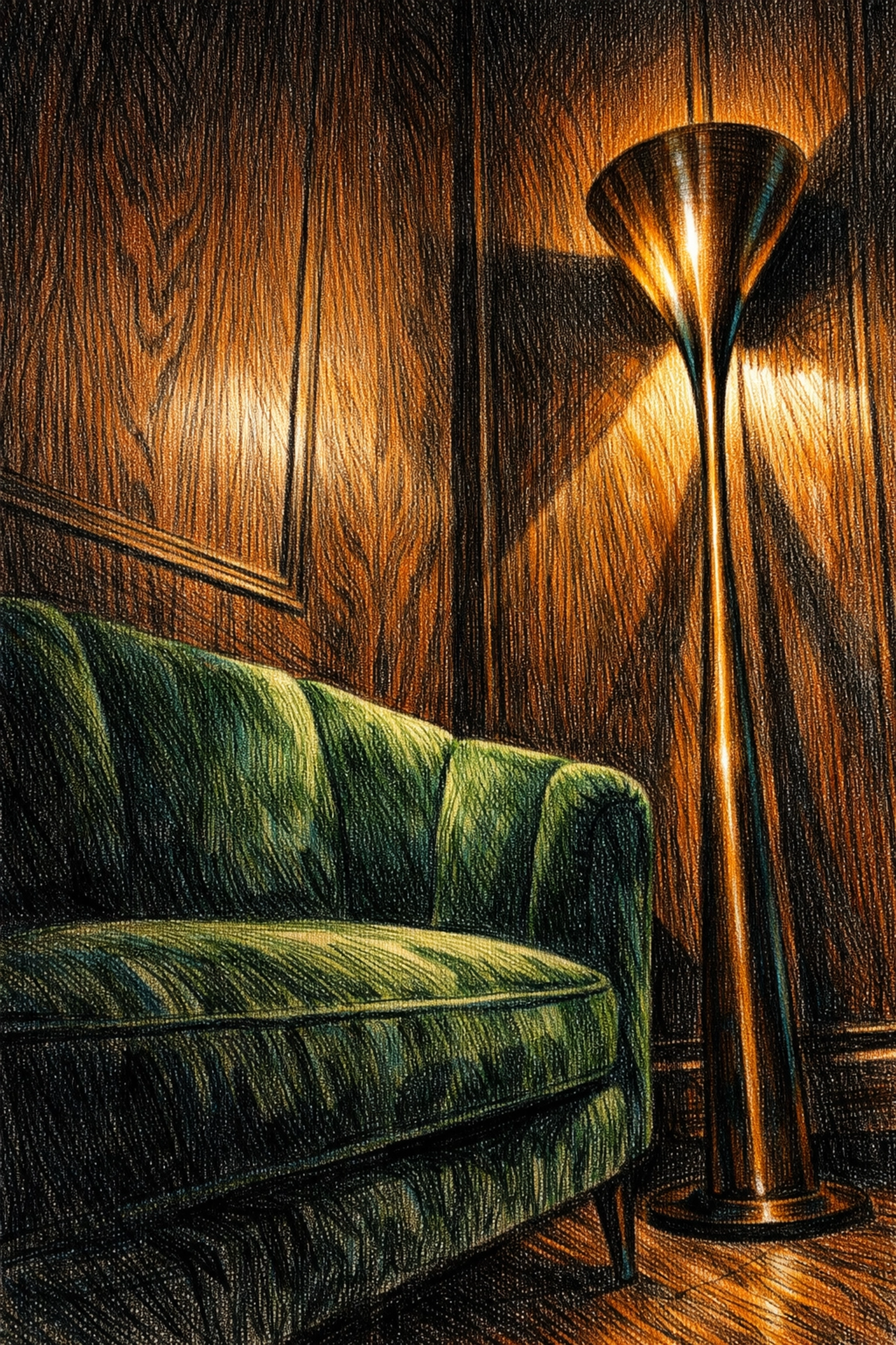 Luxury hospitality design lounge with green velvet chair and dark oak wood paneling.