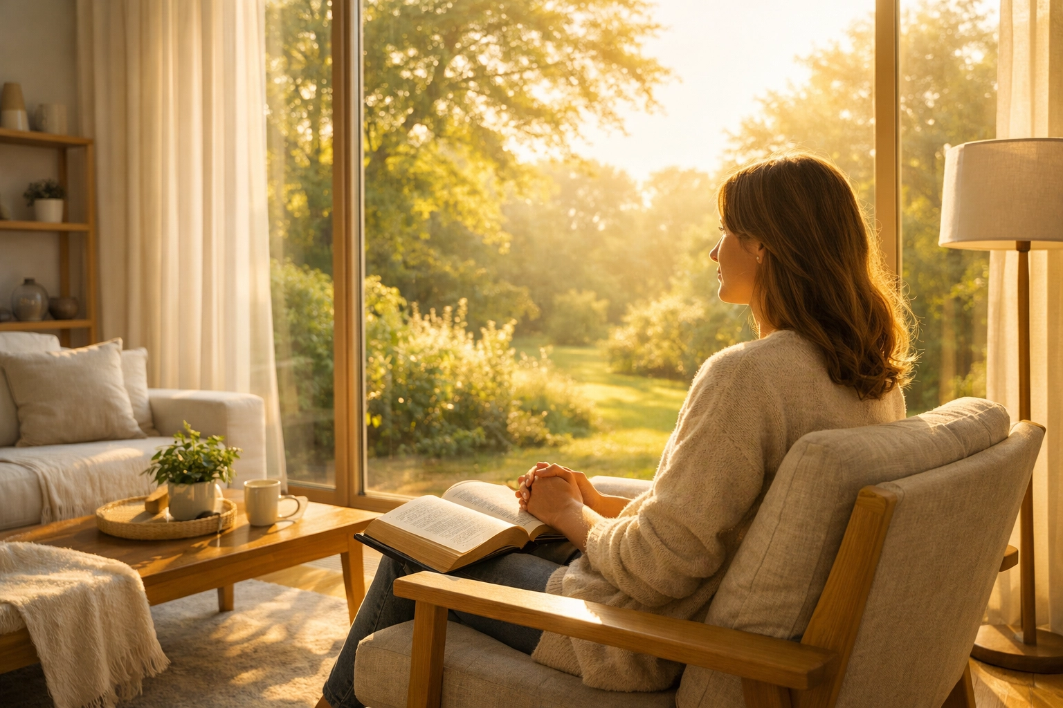 A woman sitting peacefully with a Bible by a sunlit window, reflecting on God's promises in prayer.