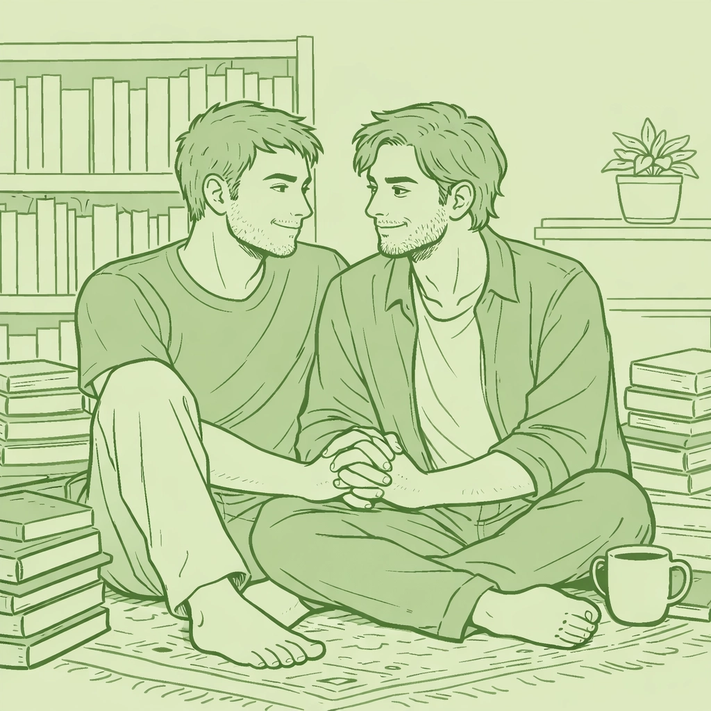 Two men holding hands among books, illustrating the slow burn and emotional depth of MM romance.