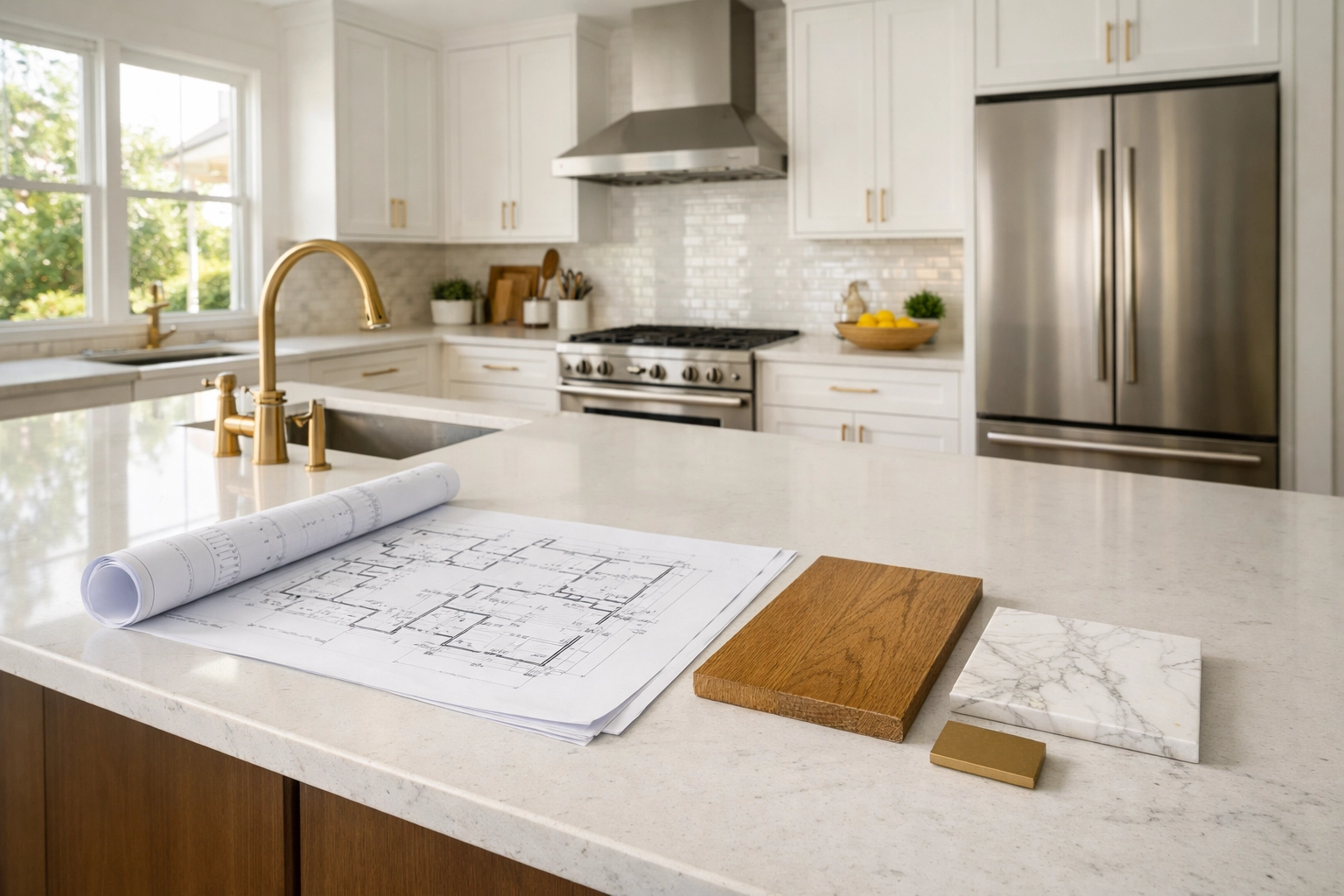 Modern Orlando kitchen remodeling planning with blueprints and high-end material samples on a quartz island.