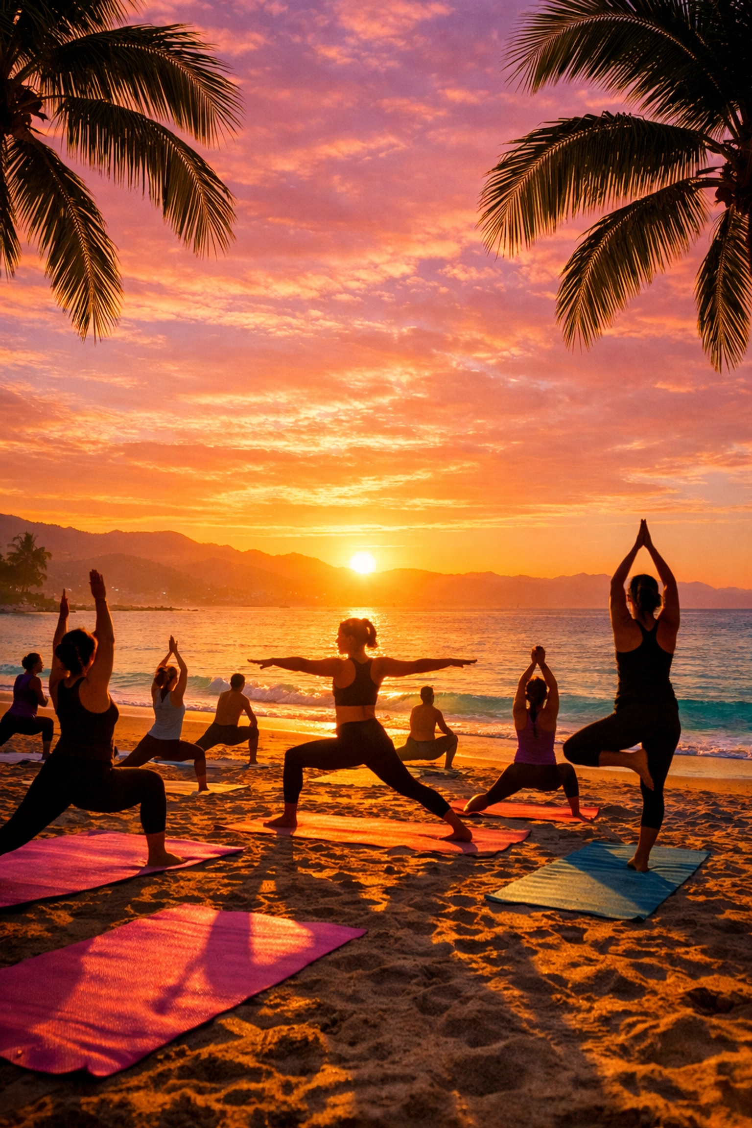 Sunrise yoga session on Puerto Vallarta beach with palm trees and Banderas Bay views