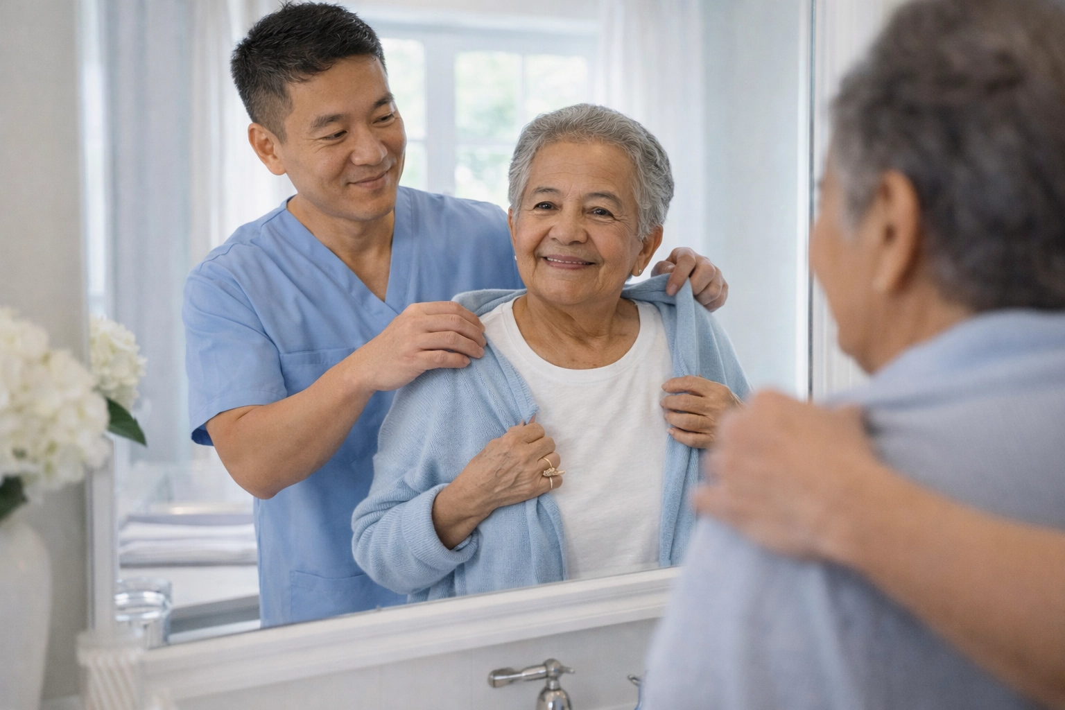 Senior woman receiving personalized private pay home care from professional caregiver in Warrenton