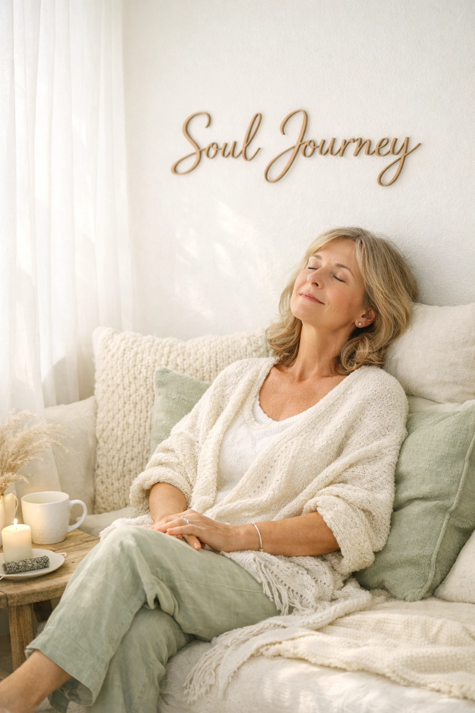 A woman in her 50s resting in a peaceful nook for quiet reflection on her personal soul journey.
