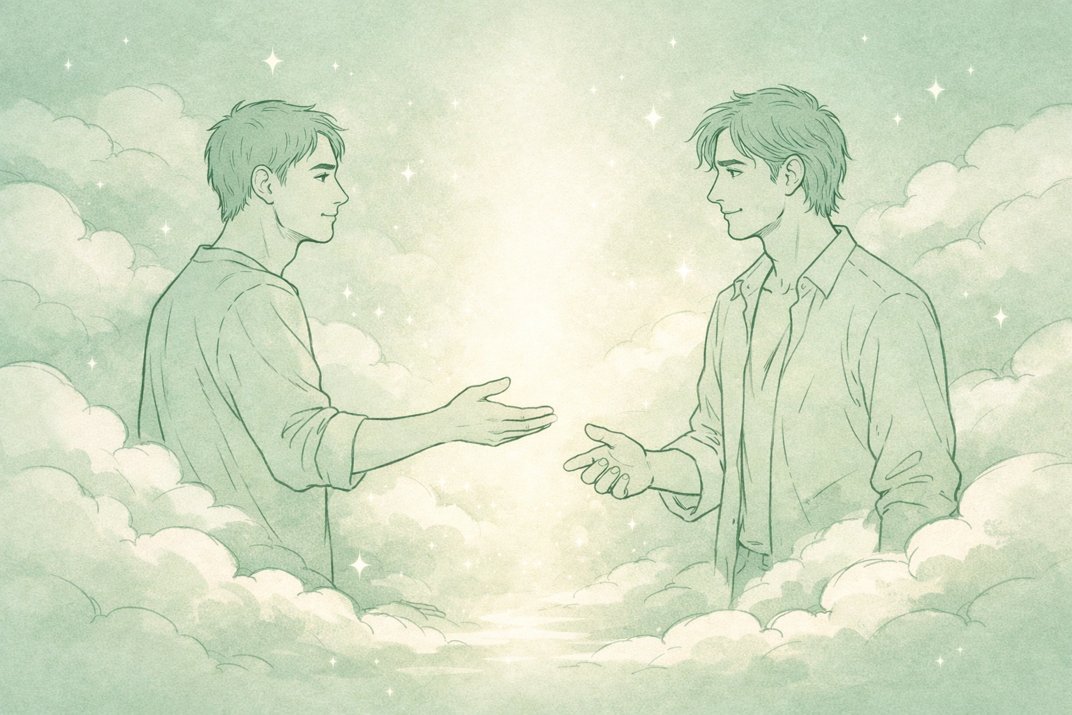 Two gay men reaching for connection in dreamlike setting - MM romance hope