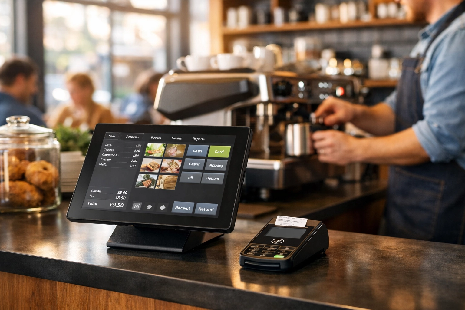 Modern POS tablet system on UK café counter with barista preparing coffee in background