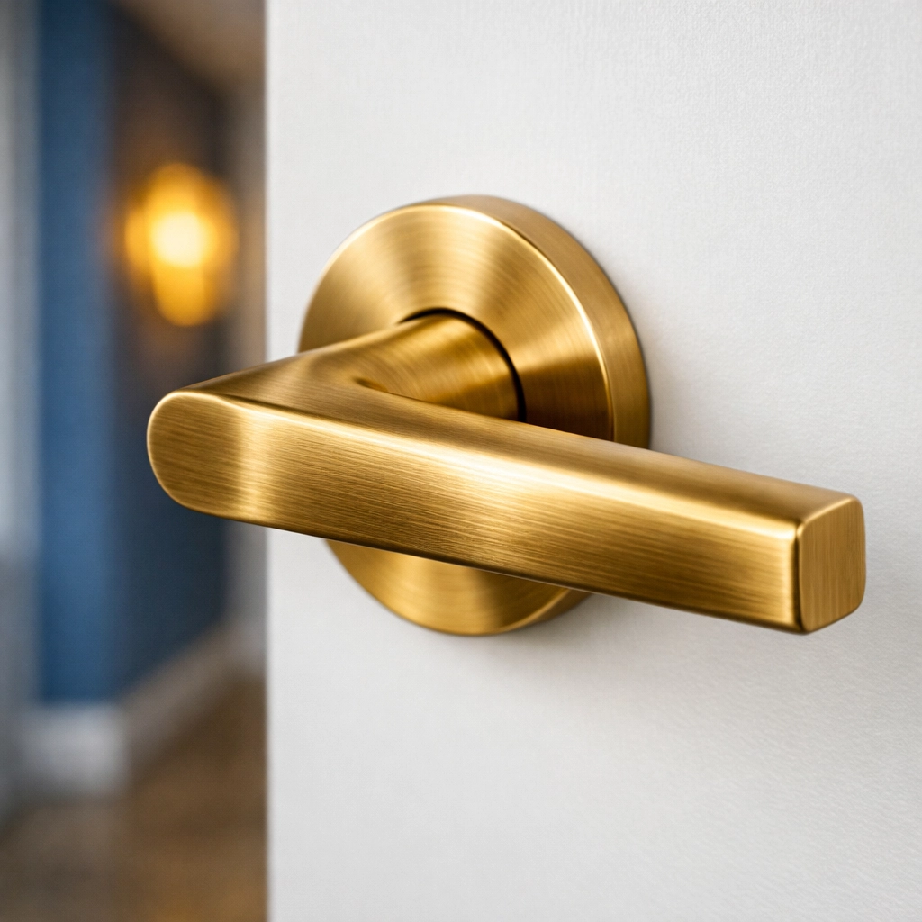 Close-up of a sanitized, streak-free gold door handle in a clean Boston apartment during move-out cleaning.