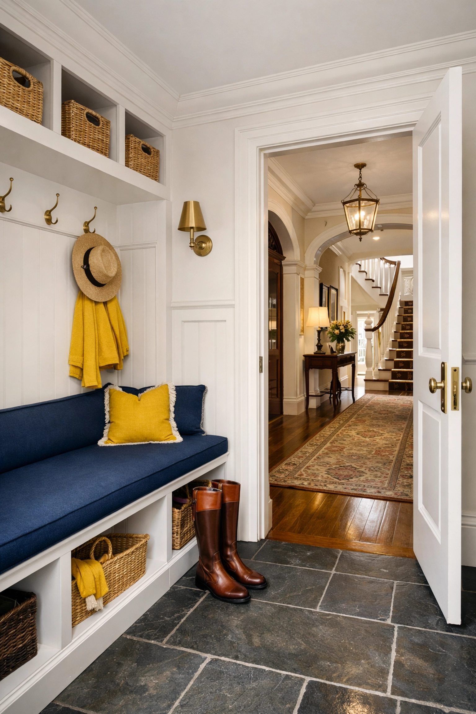 Clean Hamilton mudroom with riding boots, showing the Myopia Hunt Club lifestyle through professional estate cleaning.