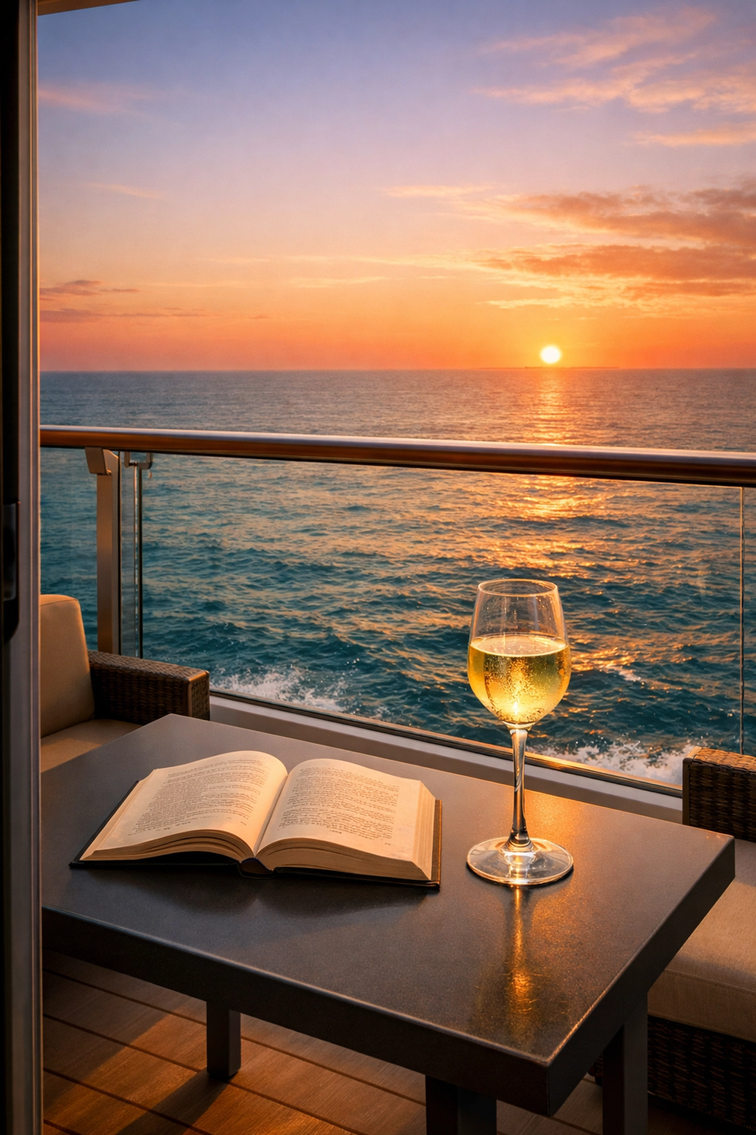 A peaceful sunset view from a premium cruise ship balcony with a glass of wine and a book on the table.
