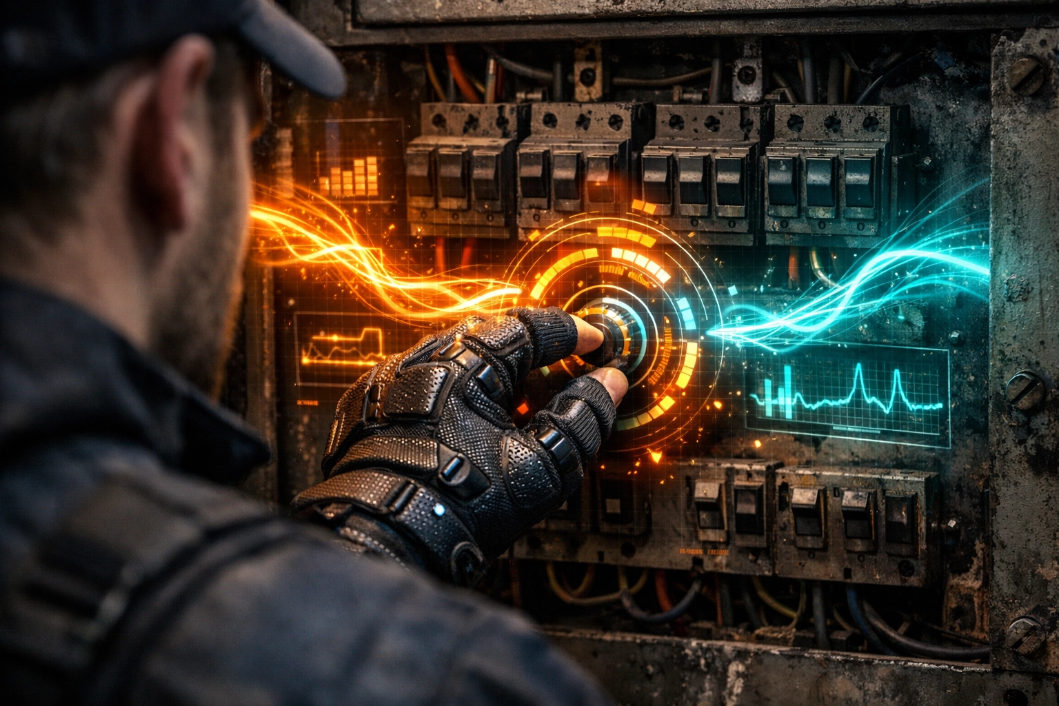 Technician using haptic gloves to master safety protocols on a virtual industrial electrical panel.
