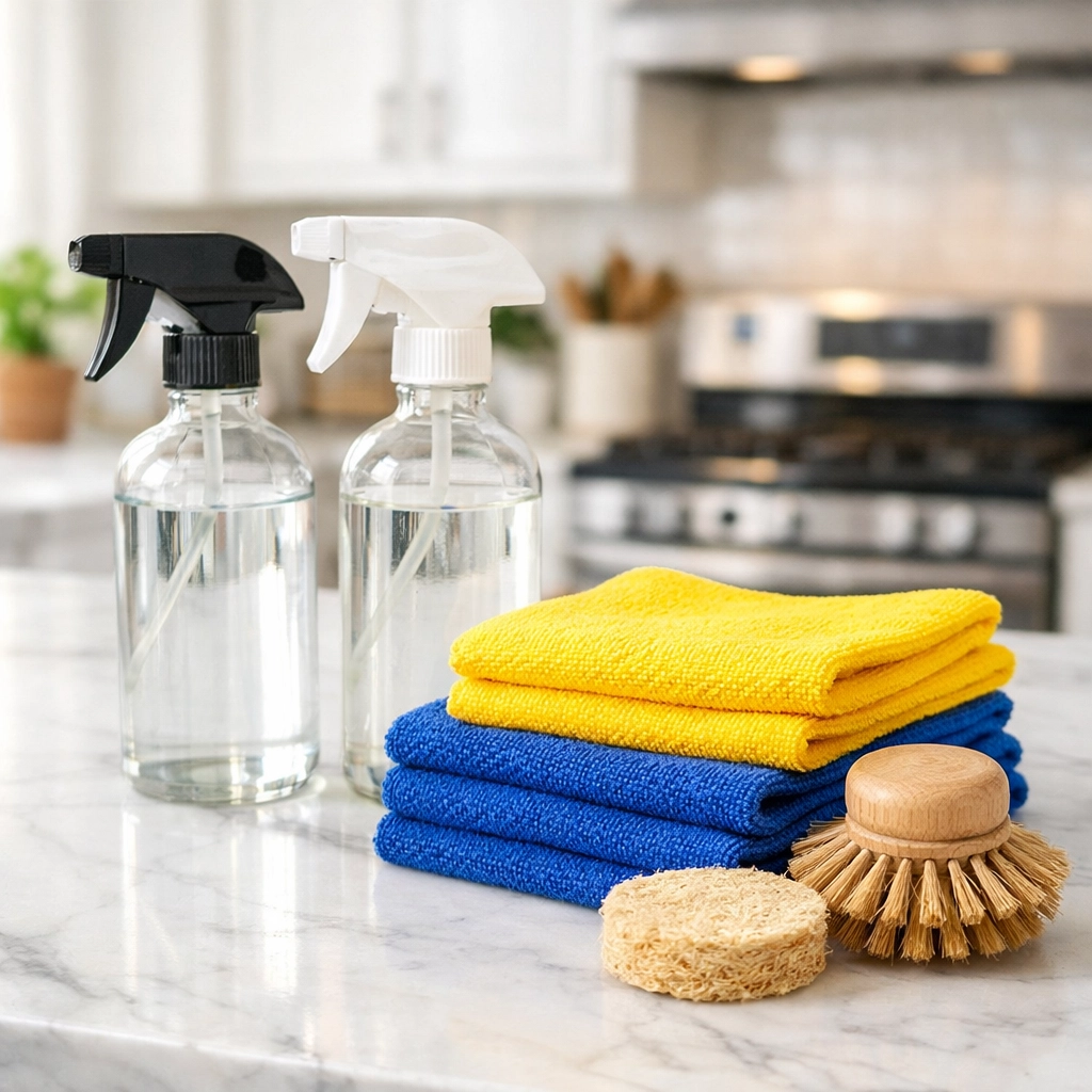Eco-friendly supplies for weekly house cleaning Groton MA on a clean marble kitchen island.