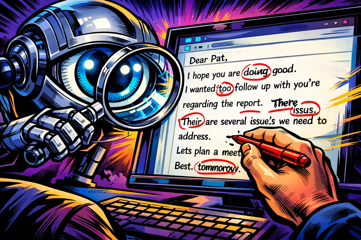Human hand reviewing and correcting AI-generated content showing importance of oversight in business automation
