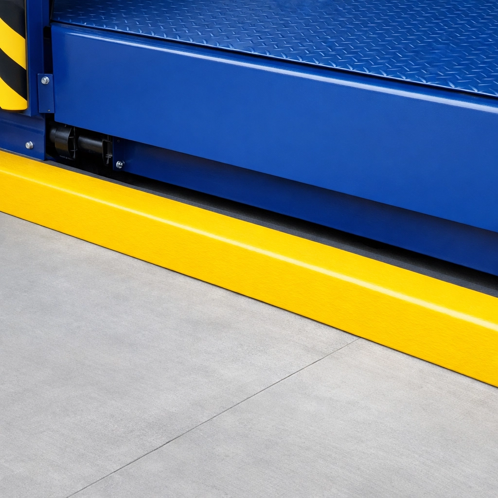 Spotless warehouse loading dock with bright yellow safety edges and clean industrial dock levelers.