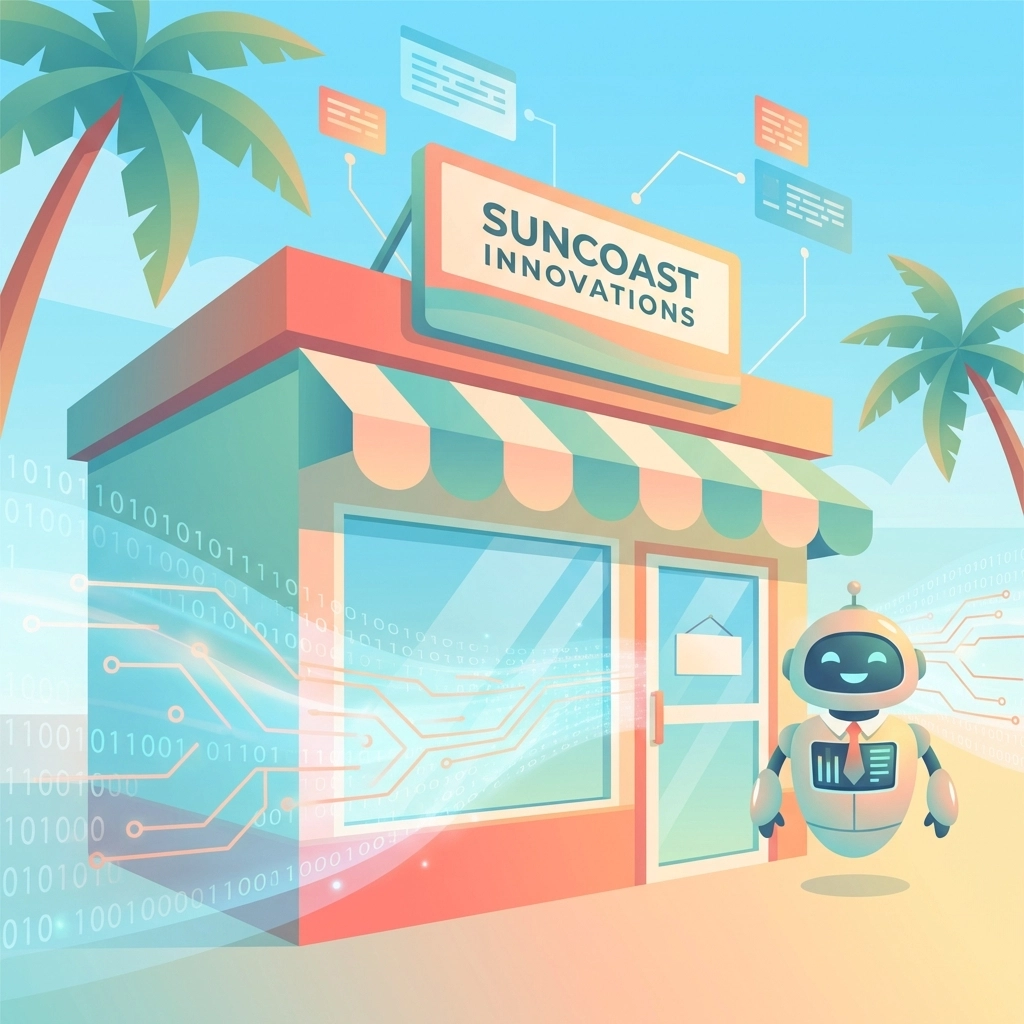 Illustration of a Venice FL small business storefront with a robot assistant and digital elements, symbolizing AI-powered IT support.