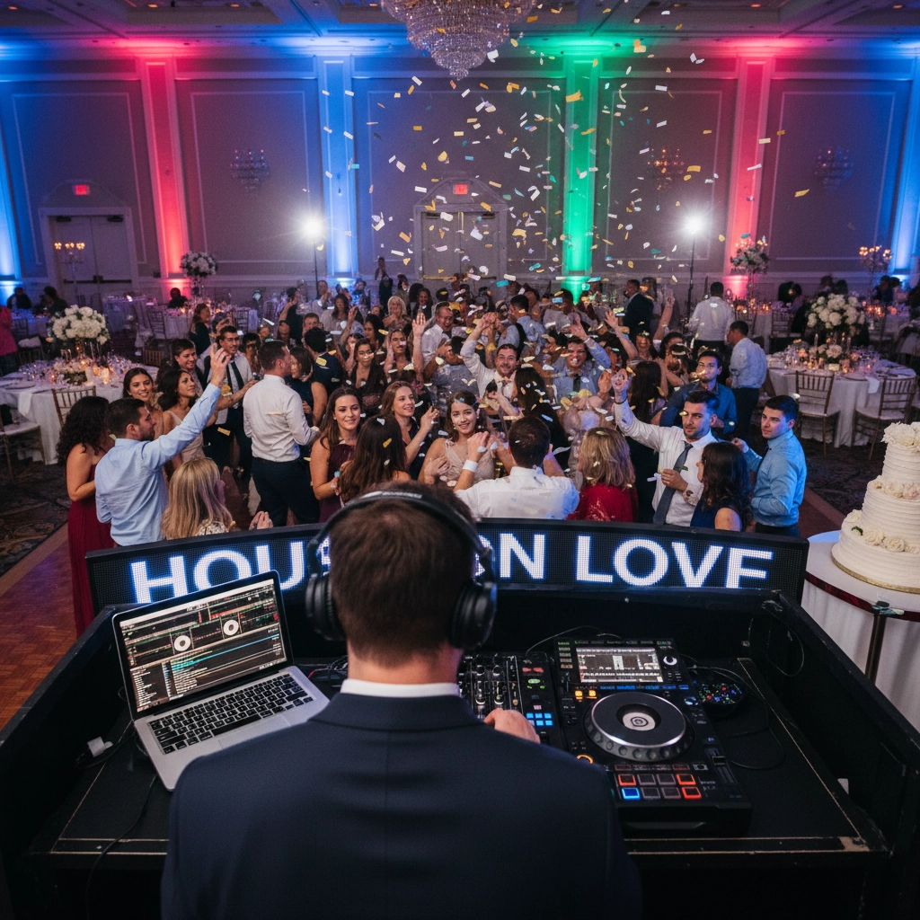 DJ playing at a lively indoor wedding reception. Guests dance and throw confetti, colored lights illuminate the room. Mood is joyous.