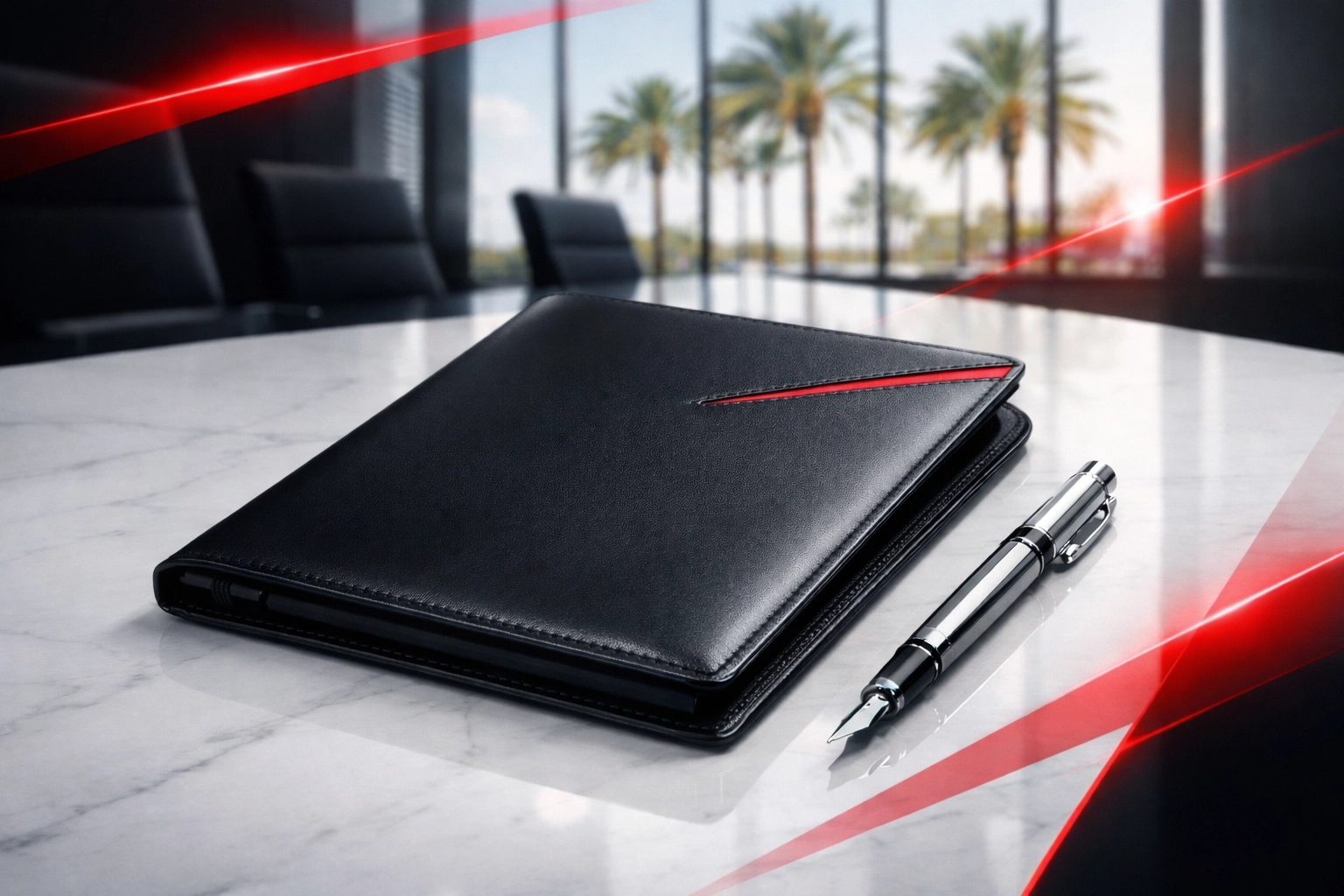 Executive portfolio and pen representing confidential business sales and quiet negotiations in Pinellas County.