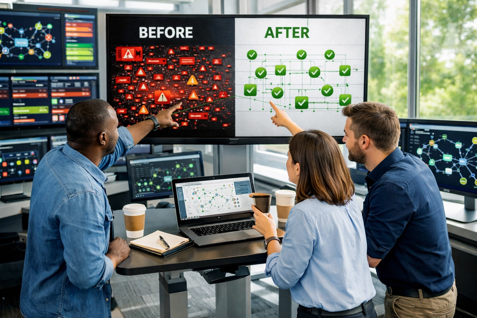 IT operations team reviewing ServiceNow alert reduction dashboard showing before and after results