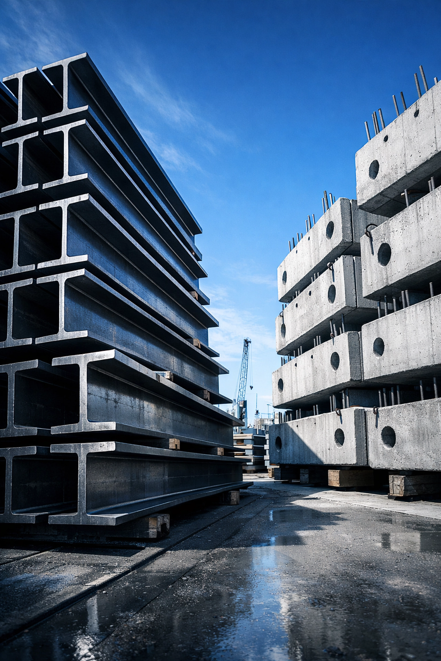 Industrial steel and concrete materials funded through strategic material financing for bridge construction.