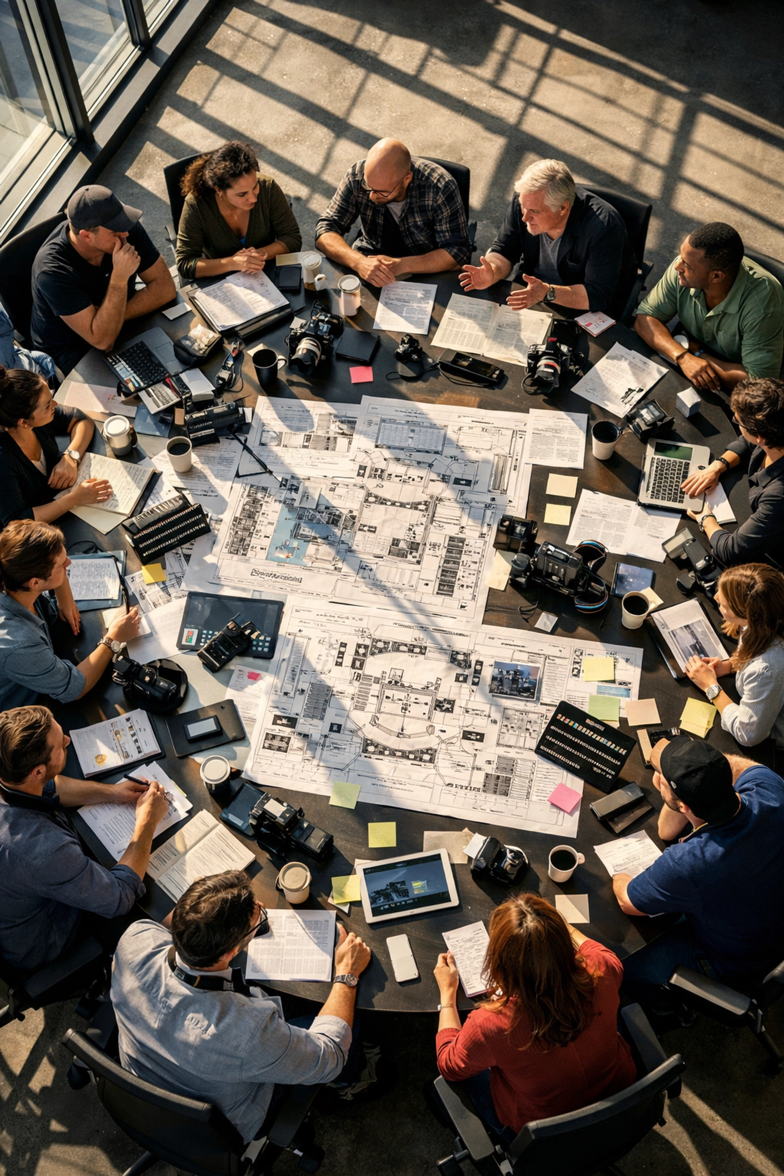 Sports media production team in strategic planning meeting for project management