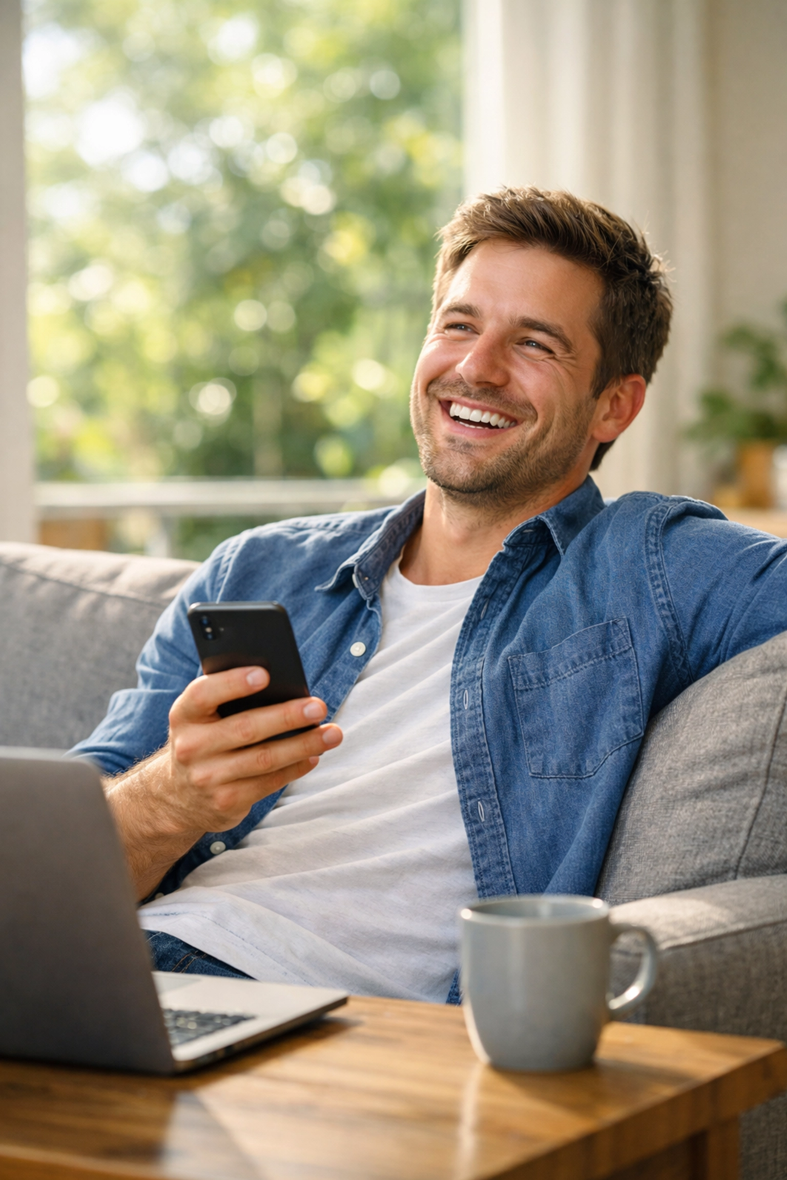 Relieved man using a smartphone for instant approval payday loans with no credit check in Canada.