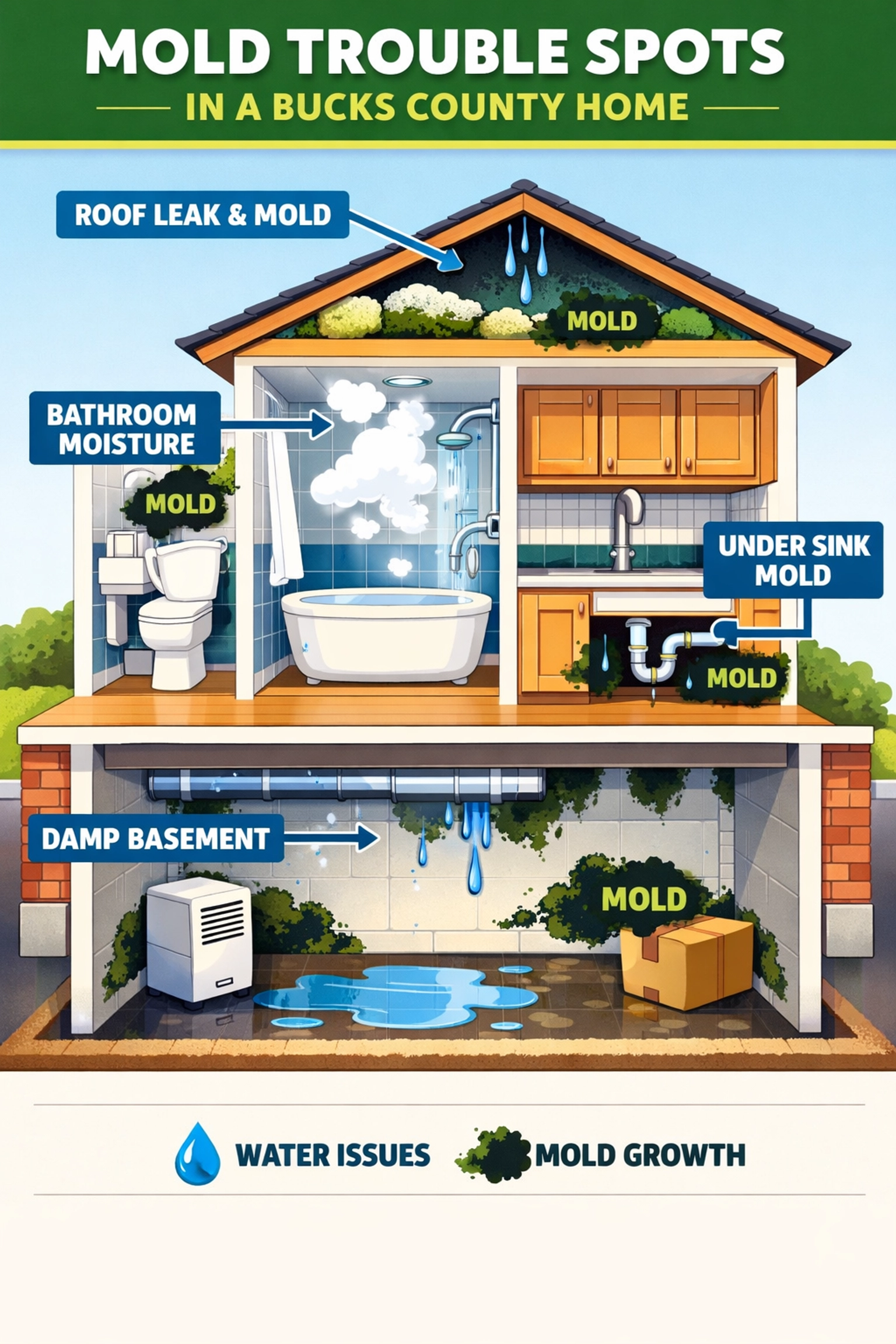 Common mold problem areas in Bucks County homes including basement, bathroom, and attic