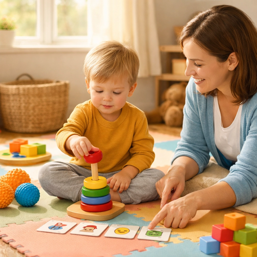 Toddler receiving early intervention therapy for autism with developmental specialist