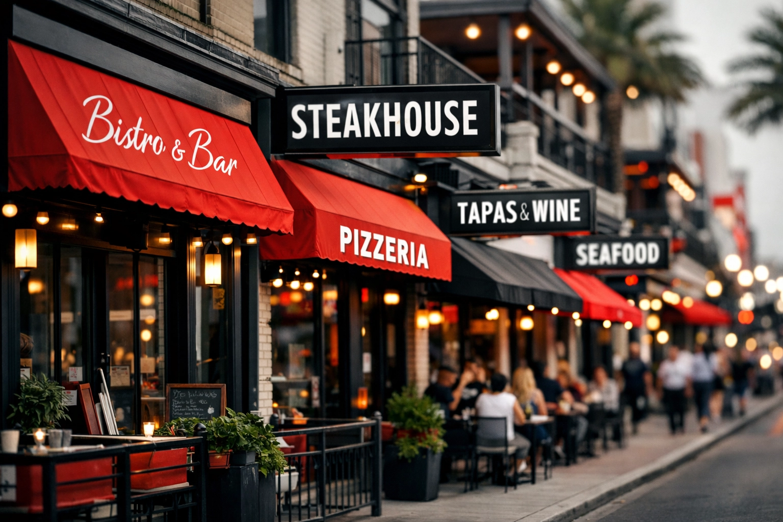 Market saturation visual: stylish street-level view of multiple restaurant awnings and generic signage on a busy Hillsborough County corridor