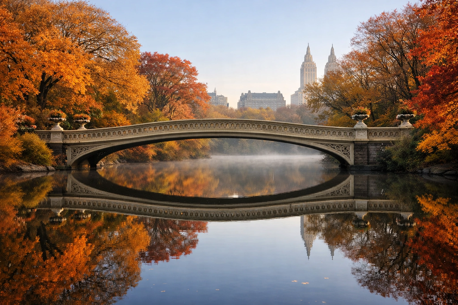 Autumn foliage at Bow Bridge in Central Park, one of the best places to take pictures in NYC for fine art photography.