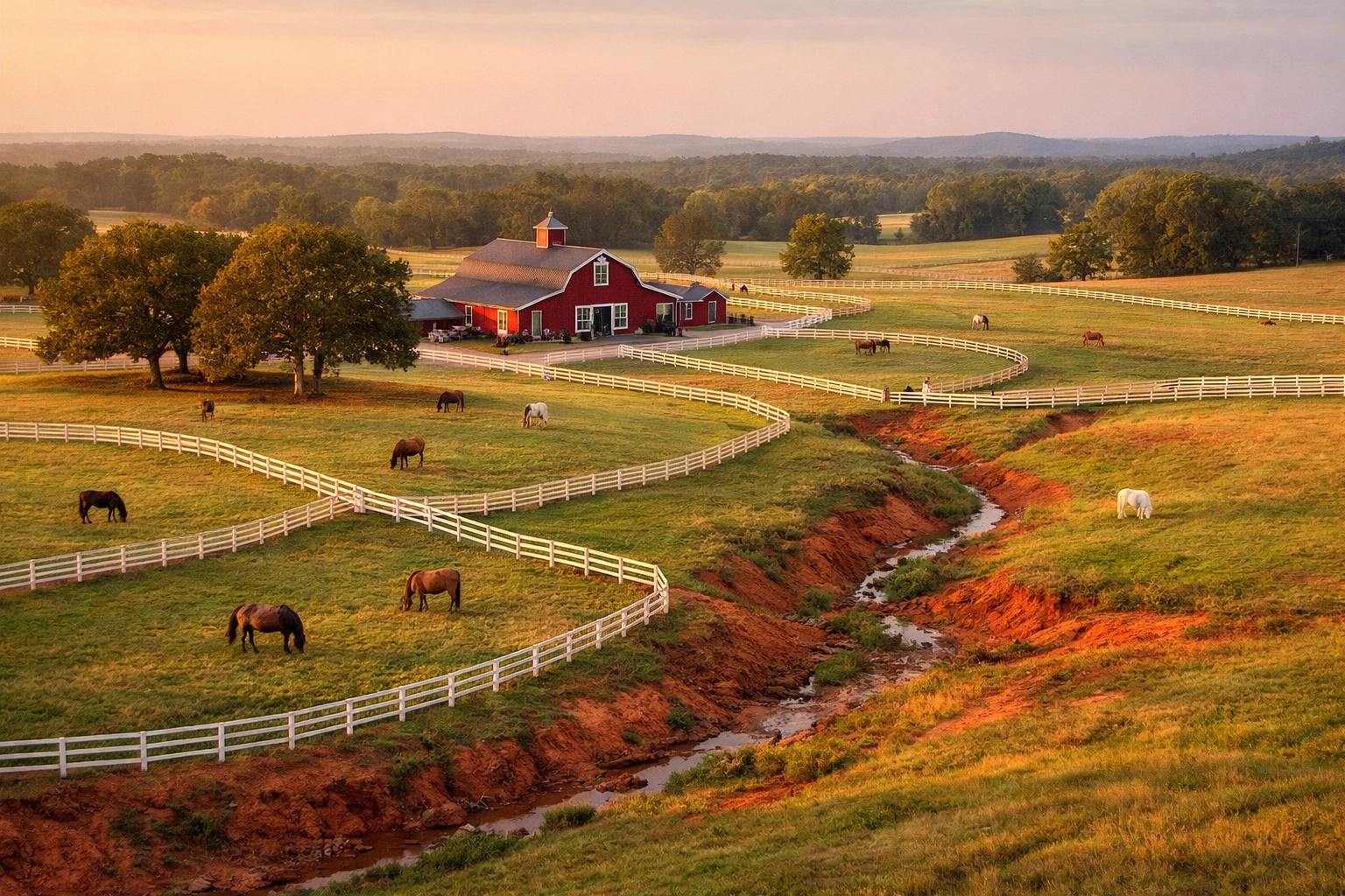 Aerial view of horse farm for sale in Waxhaw NC with fenced pastures and barn