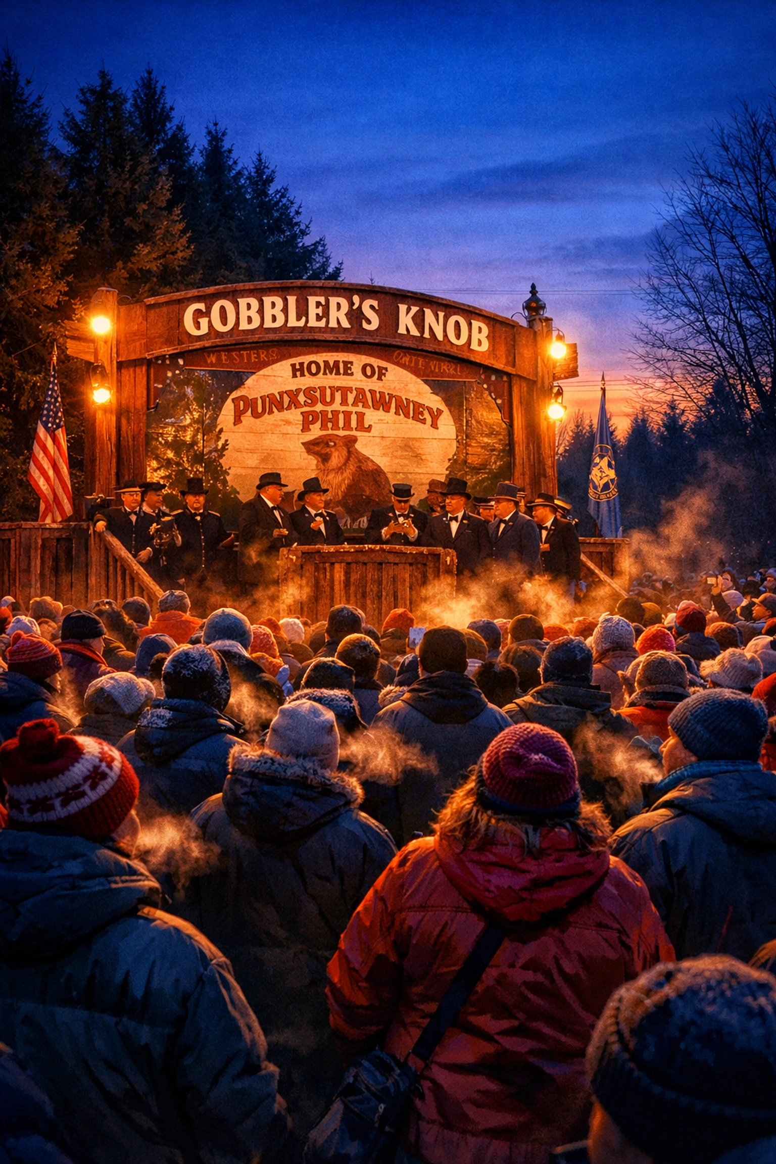 Crowd gathered at Gobbler's Knob for Punxsutawney Phil Groundhog Day ceremony at sunrise