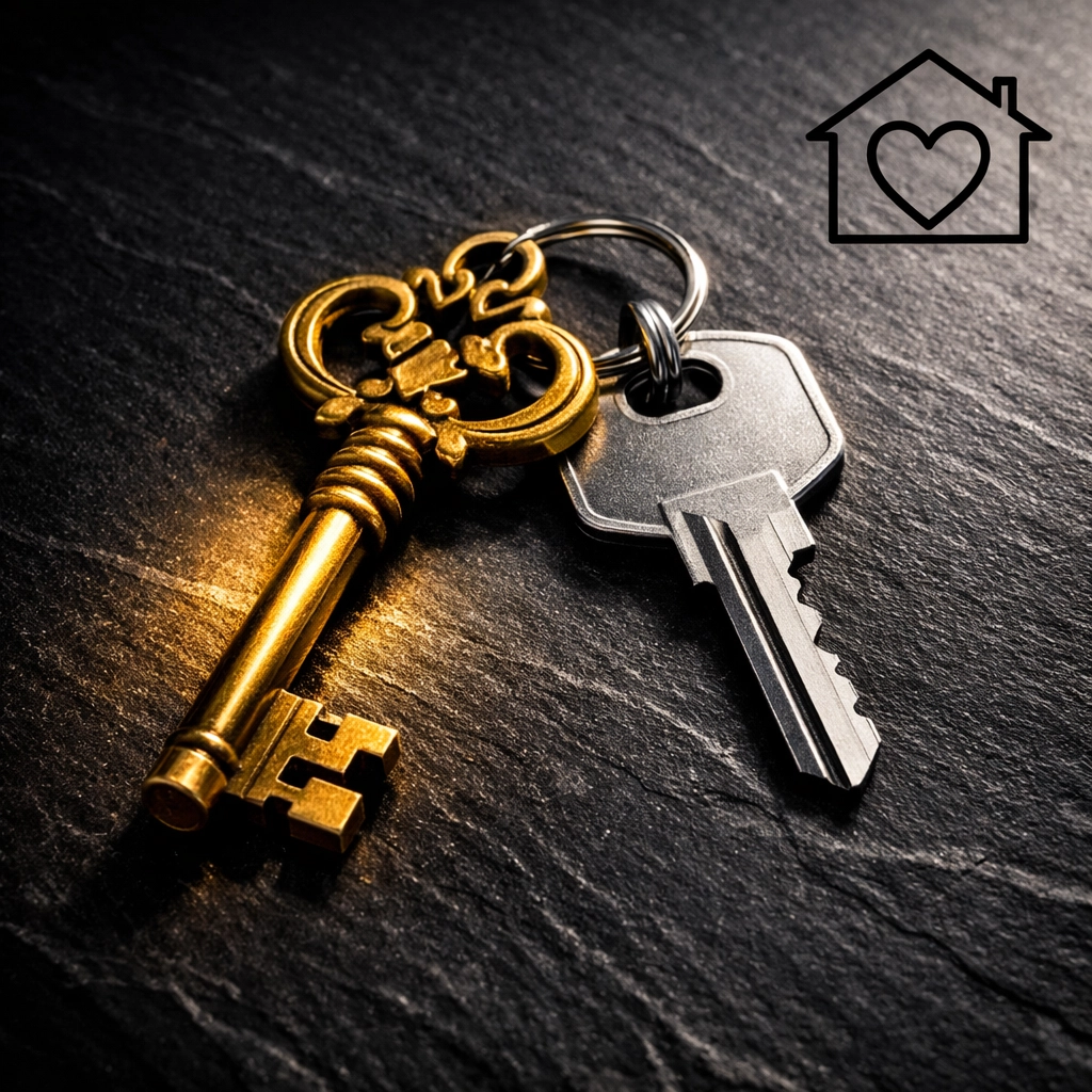 Vintage and modern keys on slate representing a smooth transition to senior living in Hilliard.